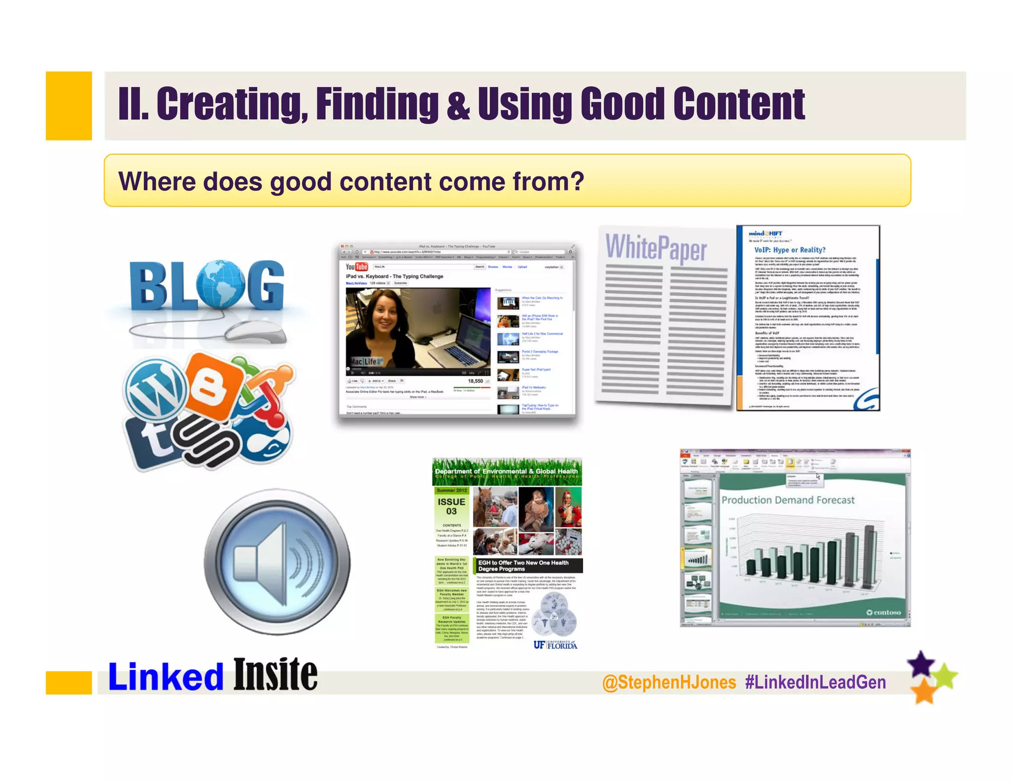 @StephenHJones #LinkedInLeadGen
II. Creating, Finding & Using Good Content
Where does good content come from?
 
