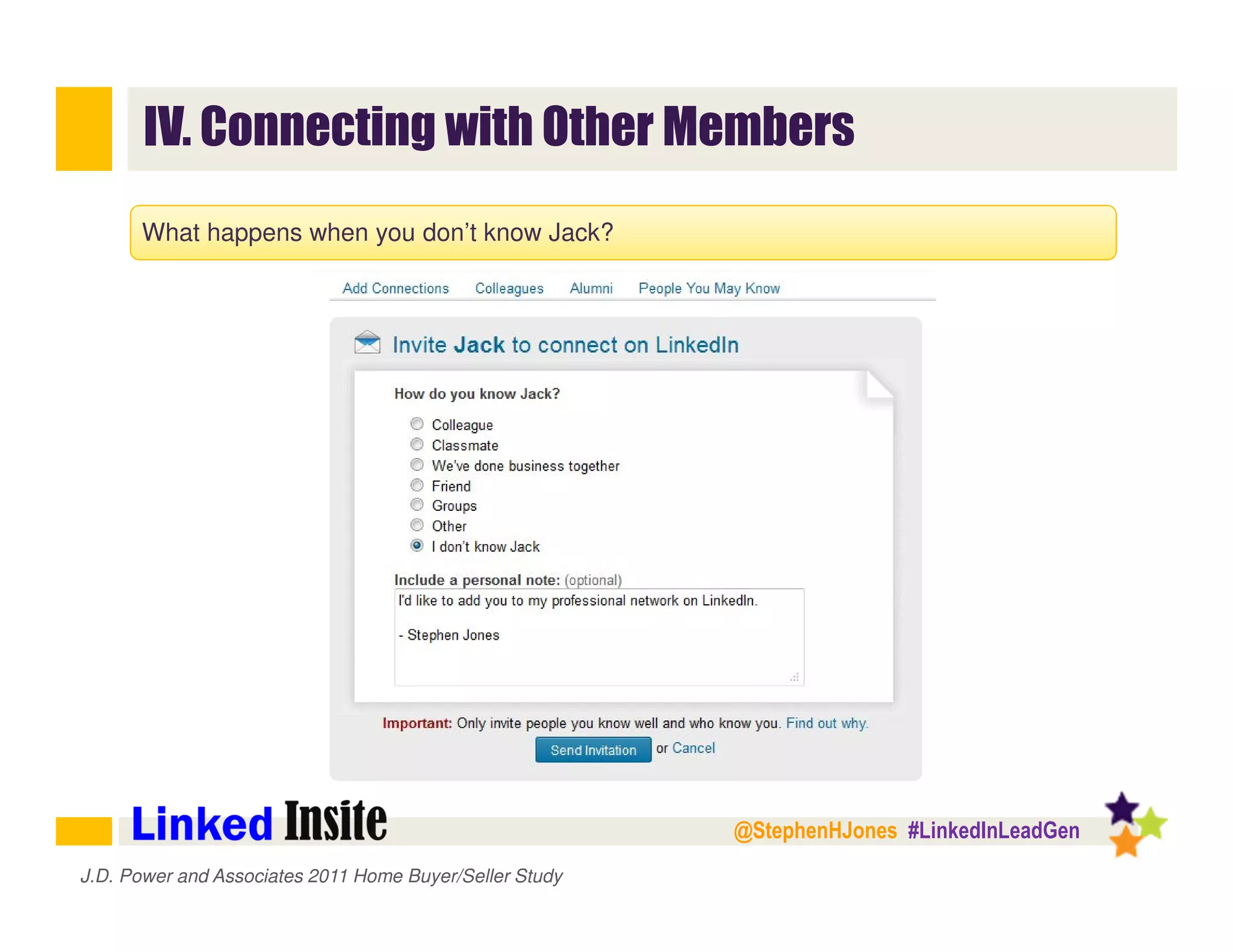 @StephenHJones #LinkedInLeadGen
IV. Connecting with Other Members
J.D. Power and Associates 2011 Home Buyer/Seller Study
What happens when you don’t know Jack?
 