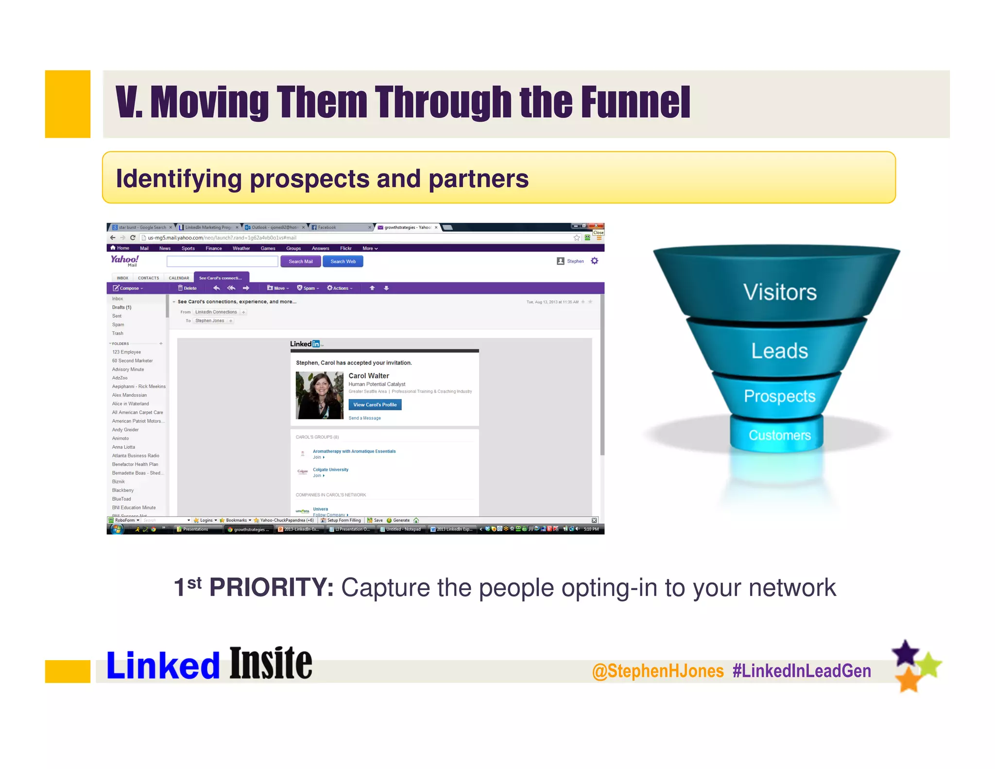 @StephenHJones #LinkedInLeadGen
V. Moving Them Through the Funnel
Identifying prospects and partners
1st PRIORITY: Capture the people opting-in to your network
 