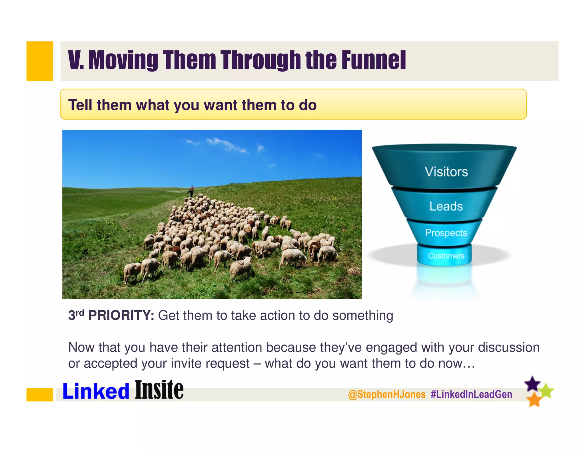 @StephenHJones #LinkedInLeadGen
V. Moving Them Through the Funnel
Tell them what you want them to do
3rd PRIORITY: Get them to take action to do something
Now that you have their attention because they’ve engaged with your discussion
or accepted your invite request – what do you want them to do now…
 