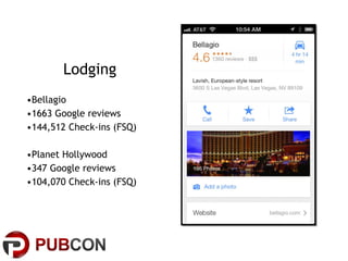 Lodging
•Bellagio
•1663 Google reviews
•144,512 Check-ins (FSQ)
•Planet Hollywood
•347 Google reviews
•104,070 Check-ins (FSQ)

 