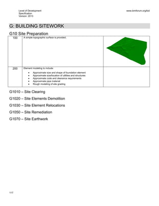 Level of Development
Specification
Version: 2013
www.bimforum.org/lod
117
G: BUILDING SITEWORK
G10 Site Preparation
100 A simple topographic surface is provided.
200 Element modeling to include:
Approximate size and shape of foundation element
Approximate size/location of utilities and structures
Approximate code and clearance requirements
Approximate pipe material
Rough modeling of site grading
G1010 – Site Clearing
G1020 – Site Elements Demolition
G1030 – Site Element Relocations
G1050 – Site Remediation
G1070 – Site Earthwork
 