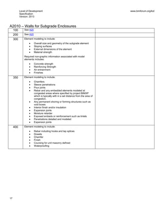 Level of Development
Specification
Version: 2013
www.bimforum.org/lod
17
A2010 – Walls for Subgrade Enclosures
100 See A20
200 See A20
300 Element modeling to include:
Overall size and geometry of the subgrade element
Sloping surfaces
External dimensions of the element
Material strength
Required non-graphic information associated with model
elements includes:
Concrete strength
Reinforcing Strength
Air entrainment
Finishes
350 Element modeling to include:
Chamfers
Sleeve penetrations
Pour joints
Rebar and any embedded elements modeled at
congested areas where specified by project BIMXP
which is typically with in a set distance from the area of
congestion.
Any permanent shoring or forming structures such as
void boxes
Interior finish and/or insulation
Expansion joints
Moisture retarder
Exposed embeds or reinforcement such as lintels
Penetrations detailed and modeled
Expansion joints
400 Element modeling to include:
Rebar including hooks and lap splices
Dowels
Chamfer
Finish
Coursing for unit masonry defined
Waterproofing
 