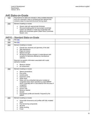 Level of Development
Specification
Version: 2013
www.bimforum.org/lod
18
A40 Slabs-on-Grade
100 Assumptions for slabs are included in other modeled elements
such as a volumetric mass or architectural floor element that
contains a layer for assumed structural framing depth.
200 Element modeling to include
Generic slab with approximate thickness.
Structural building grids for local project coordinate
system are defined in model and coordinated with
global civil coordinate system (State Plane Coordinate
System, etc).
A4010 – Standard Slabs-on-Grade
100 See A40
200 See A40
300 Element modeling to include:
Overall size, thickness and geometry of the slab
Slab depressions
Edge turn downs
Material strength
All sloping surfaces included in model element with
exception of elements affected by manufacturer
selection.
Required non-graphic information associated with model
elements includes:
Moisture retarder
Air entrainment
350 Element modeling to include:
Sleeve penetrations
Pour joints
Control joints
Expansion joints
Water stops
Rebar and any embedded elements modeled at
congested areas where specified by project BIMXP
which is typically with in a set distance from the area of
congestion.
Void boxes
Anchor rods
Moisture retarder
Dowels
Post-tension profile and strands if required by the
BIMXP.
400 Element modeling to include:
Actual slab dimensions and profiles with fully modeled
rebar
Post tensioning components
All joints
Water proofing
Finish
 