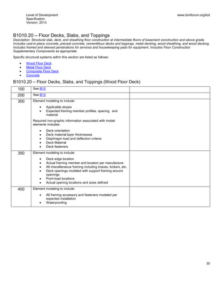 Level of Development
Specification
Version: 2013
www.bimforum.org/lod
30
B1010.20 – Floor Decks, Slabs, and Toppings
Description: Structural slab, deck, and sheathing floor construction at intermediate floors of basement construction and above grade.
Includes cast-in-place concrete, precast concrete, cementitious decks and toppings, metal decking, wood sheathing, and wood decking.
Includes framed and sleeved penetrations for services and housekeeping pads for equipment. Includes Floor Construction
Supplementary Components as appropriate.
Specific structural systems within this section are listed as follows:
Wood Floor Deck
Metal Floor Deck
Composite Floor Deck
Concrete
B1010.20 – Floor Decks, Slabs, and Toppings (Wood Floor Deck)
100 See B10
200 See B10
300 Element modeling to include:
Applicable slopes
Expected framing member profiles, spacing, and
material
Required non-graphic information associated with model
elements includes:
Deck orientation
Deck material layer thicknesses
Diaphragm load and deflection criteria
Deck Material
Deck fasteners
350 Element modeling to include:
Deck edge location
Actual framing member and location per manufacture
All miscellaneous framing including braces, kickers, etc.
Deck openings modeled with support framing around
openings
Point load locations
Actual opening locations and sizes defined
400 Element modeling to include:
All framing accessory and fasteners modeled per
expected installation
Waterproofing
 