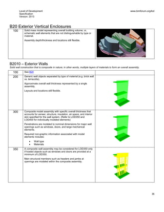Level of Development
Specification
Version: 2013
www.bimforum.org/lod
36
B20 Exterior Vertical Enclosures
100 Solid mass model representing overall building volume; or,
schematic wall elements that are not distinguishable by type or
material.
Assembly depth/thickness and locations still flexible.
B2010 – Exterior Walls
Solid wall construction that is composite in nature; in other words, multiple layers of materials to form an overall assembly.
100 See B20
200 Generic wall objects separated by type of material (e.g. brick wall
vs. terracotta).
Approximate overall wall thickness represented by a single
assembly.
Layouts and locations still flexible.
300 Composite model assembly with specific overall thickness that
accounts for veneer, structure, insulation, air space, and interior
skin specified for the wall system. (Refer to LOD350 and
LOD400 for individually modeled elements)
Penetrations are modeled to nominal dimensions for major wall
openings such as windows, doors, and large mechanical
elements.
Required non-graphic information associated with model
elements includes:
Wall type
Materials
350 A composite wall assembly may be considered for LOD350 only
if hosted objects such as windows and doors are provided at a
minimum of LOD350.
Main structural members such as headers and jambs at
openings are modeled within the composite assembly.
 