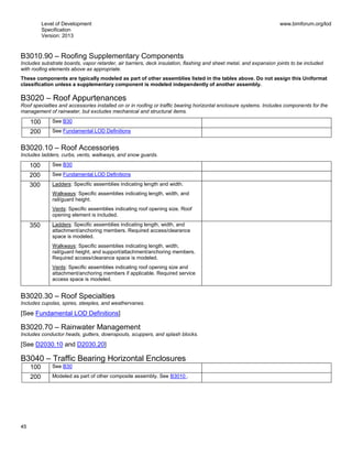 Level of Development
Specification
Version: 2013
www.bimforum.org/lod
45
B3010.90 – Roofing Supplementary Components
Includes substrate boards, vapor retarder, air barriers, deck insulation, flashing and sheet metal, and expansion joints to be included
with roofing elements above as appropriate.
These components are typically modeled as part of other assemblies listed in the tables above. Do not assign this Uniformat
classification unless a supplementary component is modeled independently of another assembly.
B3020 – Roof Appurtenances
Roof specialties and accessories installed on or in roofing or traffic bearing horizontal enclosure systems. Includes components for the
management of rainwater, but excludes mechanical and structural items.
100 See B30
200 See Fundamental LOD Definitions
B3020.10 – Roof Accessories
Includes ladders, curbs, vents, walkways, and snow guards.
100 See B30
200 See Fundamental LOD Definitions
300 Ladders: Specific assemblies indicating length and width.
Walkways: Specific assemblies indicating length, width, and
rail/guard height.
Vents: Specific assemblies indicating roof opening size. Roof
opening element is included.
350 Ladders: Specific assemblies indicating length, width, and
attachment/anchoring members. Required access/clearance
space is modeled.
Walkways: Specific assemblies indicating length, width,
rail/guard height, and support/attachment/anchoring members.
Required access/clearance space is modeled.
Vents: Specific assemblies indicating roof opening size and
attachment/anchoring members if applicable. Required service
access space is modeled.
B3020.30 – Roof Specialties
Includes cupolas, spires, steeples, and weathervanes.
[See Fundamental LOD Definitions]
B3020.70 – Rainwater Management
Includes conductor heads, gutters, downspouts, scuppers, and splash blocks.
[See D2030.10 and D2030.20]
B3040 – Traffic Bearing Horizontal Enclosures
100 See B30
200 Modeled as part of other composite assembly. See B3010 .
 