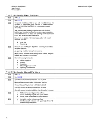 Level of Development
Specification
Version: 2013
www.bimforum.org/lod
49
C1010.10 – Interior Fixed Partitions
100 See C10
200 See C1010
300 Composite model assembly by type with overall thickness that
accounts for framing and finish specified for the wall system.
(Refer to LOD350 and LOD400 for individually modeled
elements)
Wall elements are modeled to specific layouts, locations,
heights, and elevation profiles. Penetrations are modeled to
nominal dimensions for major wall openings such as windows,
doors, and large mechanical elements.
Required non-graphic information associated with model
elements includes:
Wall type
Fire rating
350 Structure and finish layers of partition assembly modeled as
separate elements.
All openings modeled to rough dimensions.
Major framing elements such as king studs, kickers, diagonal
bracing, and headers are modeled.
400 Element modeling to include:
Studs and tracks
Bracing
Insulation
Sheathing or wall boards
Openings/penetrations
C1010.20 – Interior Glazed Partitions
100 See C10
200 See C1010
300 Specified location and orientation of face of glass.
Nominal face dimensions and thickness of glazing.
Structural support systems of wall to be modeled.
Spacing, location, size and orientation of mullions.
Operable components defined (doors) and included in model.
350 Mullion shapes and geometry defined.
Actual anchorage layouts and types defined.
Actual panel dimensions (including seating).
400 Complete mullion extrusion profiles.
Interface details between wall systems (within) and
wall and support systems.
 
