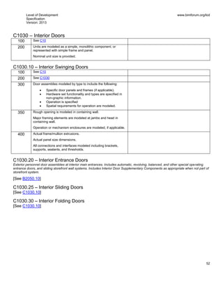 Level of Development
Specification
Version: 2013
www.bimforum.org/lod
52
C1030 – Interior Doors
100 See C10
200 Units are modeled as a simple, monolithic component; or
represented with simple frame and panel.
Nominal unit size is provided.
C1030.10 – Interior Swinging Doors
100 See C10
200 See C1030
300 Door assemblies modeled by type to include the following:
Specific door panels and frames (if applicable).
Hardware set functionality and types are specified in
non-graphic information.
Operation is specified
Spatial requirements for operation are modeled.
350 Rough opening is modeled in containing wall.
Major framing elements are modeled at jambs and head in
containing wall.
Operation or mechanism enclosures are modeled, if applicable.
400 Actual frame/mullion extrusions.
Actual panel size dimensions.
All connections and interfaces modeled including brackets,
supports, sealants, and thresholds.
C1030.20 – Interior Entrance Doors
Exterior personnel door assemblies at interior main entrances. Includes automatic, revolving, balanced, and other special operating
entrance doors, and sliding storefront wall systems. Includes Interior Door Supplementary Components as appropriate when not part of
storefront system.
[See B2050.10]
C1030.25 – Interior Sliding Doors
[See C1030.10]
C1030.30 – Interior Folding Doors
[See C1030.10]
 