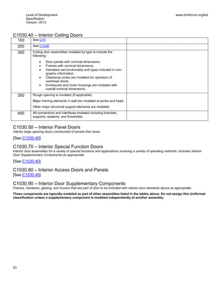 Level of Development
Specification
Version: 2013
www.bimforum.org/lod
53
C1030.40 – Interior Coiling Doors
100 See C10
200 See C1030
300 Coiling door assemblies modeled by type to include the
following:
Door panels with nominal dimensions.
Frames with nominal dimensions.
Hardware set functionality and types included in non-
graphic information.
Clearance zones are modeled for operation of
overhead doors.
Enclosures and motor housings are modeled with
overall nominal dimensions.
350 Rough opening is modeled (if applicable).
Major framing elements in wall are modeled at jambs and head.
Other major structural support elements are modeled.
400 All connections and interfaces modeled including brackets,
supports, sealants, and thresholds.
C1030.50 – Interior Panel Doors
Interior large opening doors constructed of panels that move.
[See C1030.40]
C1030.70 – Interior Special Function Doors
Interior door assemblies for a variety of special functions and applications involving a variety of operating methods. Includes Interior
Door Supplementary Components as appropriate.
[See C1030.40]
C1030.80 – Interior Access Doors and Panels
[See C1030.40]
C1030.90 – Interior Door Supplementary Components
Frames, hardware, glazing, and louvers that are part of door to be included with interior door elements above as appropriate.
These components are typically modeled as part of other assemblies listed in the tables above. Do not assign this Uniformat
classification unless a supplementary component is modeled independently of another assembly.
 