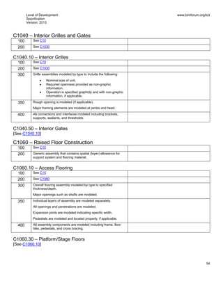 Level of Development
Specification
Version: 2013
www.bimforum.org/lod
54
C1040 – Interior Grilles and Gates
100 See C10
200 See C1030
C1040.10 – Interior Grilles
100 See C10
200 See C1030
300 Grille assemblies modeled by type to include the following:
Nominal size of unit.
Required openness provided as non-graphic
information.
Operation is specified graphicly and with non-graphic
information, if applicable.
350 Rough opening is modeled (if applicable).
Major framing elements are modeled at jambs and head.
400 All connections and interfaces modeled including brackets,
supports, sealants, and thresholds.
C1040.50 – Interior Gates
[See C1040.10]
C1060 – Raised Floor Construction
100 See C10
200 Generic assembly that contains spatial (layer) allowance for
support system and flooring material.
C1060.10 – Access Flooring
100 See C10
200 See C1060
300 Overall flooring assembly modeled by type to specified
thickness/depth.
Major openings such as shafts are modeled.
350 Individual layers of assembly are modeled separately.
All openings and penetrations are modeled.
Expansion joints are modeled indicating specific width.
Pedestals are modeled and located properly, if applicable.
400 All assembly components are modeled including frame, floor
tiles, pedestals, and cross bracing.
C1060.30 – Platform/Stage Floors
[See C1060.10]
 