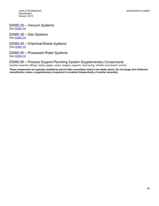 Level of Development
Specification
Version: 2013
www.bimforum.org/lod
80
D2060.20 – Vacuum Systems
[See D2060.10]
D2060.30 – Gas Systems
[See D2060.10]
D2060.40 – Chemical-Waste Systems
[See D2060.10]
D2060.50 – Processed Water Systems
[See D2060.10]
D2060.90 – Process Support Plumbing System Supplementary Components
Includes expansion fittings, meters, gages, valves, hangers, supports, heat tracing, vibration and seismic controls.
These components are typically modeled as part of other assemblies listed in the tables above. Do not assign this Uniformat
classification unless a supplementary component is modeled independently of another assembly.
 