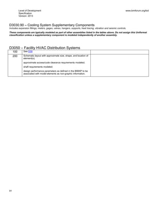 Level of Development
Specification
Version: 2013
www.bimforum.org/lod
91
D3030.90 – Cooling System Supplementary Components
Includes expansion fittings, meters, gages, valves, hangers, supports, heat tracing, vibration and seismic controls.
These components are typically modeled as part of other assemblies listed in the tables above. Do not assign this Uniformat
classification unless a supplementary component is modeled independently of another assembly.
D3050 – Facility HVAC Distribution Systems
100 See D30
200 Schematic layout with approximate size, shape, and location of
element(s);
approximate access/code clearance requirements modeled;
shaft requirements modeled;
design performance parameters as defined in the BIMXP to be
associated with model elements as non-graphic information.
 