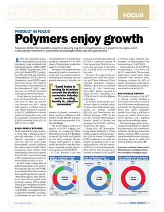 FOCUS

PRODUCT IN FOCUS


Polymers enjoy growth
Expansion of GCC thermoplastics capacity is ensuring long-term competitiveness and growth for the region, which
is also seeing investment in downstream processing to create jobs and local demand

    n 2012, the combined produc-        vanced Industries. Combined, these            producer of polyethylene (PE) and      in the GCC region, domestic con-
 I  tion of polyethylene (including
low-density, linear low-density and
                                        producers represent a 9 to 10%
                                        share of thermoplastic production
                                                                                      PP, with a combined capacity of
                                                                                      1.9m tonnes/year. Production ca-
                                                                                                                             sumption of thermoplastics has
                                                                                                                             been growing at a CAGR of 8%.
high-density grades – LDPE, LLDPE       capacity in Saudi Arabia.                     pacity has increased in the UAE           Consumption of PE and PP has
and HDPE), polypropylene (PP),            The region is moving its attention          by a CAGR of 29.4% over the past       been growing at a CAGR of 8% and
polyvinyl chloride (PVC), polysty-      towards the plastics conversion in-           ﬁve years.                             10.3%, respectively. The end-user
rene (PS and EPS) and polyethyl-        dustry and is investing heavily in               In Oman, the major producers        applications remain fairly stable
ene terephthalate (PET) in the Gulf     developing new industrial parks for           of plastics are Octal Petrochemi-      compared with previous years.
Cooperation Council (GCC) region        plastics conversion. Currently, the           cals and Oman Reﬁneries Petro-         Packaging accounts for 45% of
was 23.6m tonnes. GCC output of                                                       chemical Industries Company            plastic consumption in the region,
these products, often referred to as                                                  (ORPIC), which have a combined         followed by building and construc-
the thermoplastics “Big 5”, repre-
                                             “Saudi Arabia is                         capacity of 1.3m tonnes/year.          tion which accounts for 25%.
sents just over 7.5% of total world-
                                           moving its attention                       Since 2007, plastics capacity in
wide capacity for these products.          towards the plastics                       Oman has been expanding at a           SUSTAINABLE GROWTH
   Global plastics production has          conversion industry                        CAGR of 30.6%, which is highest        The plastics industry in the GCC
been increasing steadily over re-            and is investing                         in the region.                         is moving towards building a
cent years. In 2012, the year-on-          heavily in... plastics                        In Kuwait, thermoplastic pro-       downstream conversion industry
year increase was 4.6%, taking                 conversion”                            duction capacity reached nearly        that will increase employment op-
total capacity to 309.8m tonnes/                                                      1m tonne/year. Major plastics pro-     portunities for the growing popu-
year. Plastic production capacity                                                     ducers in Kuwait include               lation and enable sustainable
in the GCC has followed a similar       majority of plastics conversion is            EQUATE and Petrochemical In-           growth. In so doing, it will have a
trend over the past ﬁve years, with     being carried out in Dammam, Jed-             dustries Company (PIC). In the         strong cost position derived from
the compound annual growth rate         dah and Riyadh. Plans for new plas-           past ﬁve years, the thermoplastics     lower operation costs, logistics,
(CAGR) increasing from 4.5% in          tics parks are being extended to Ju-          capacity growth in Kuwait has          labor and a favorable tax regime.
2007 to 7.6% in 2012.                   bail and Rabigh.                              stood at a CAGR of 6.9%, which is         The growing population is stim-
                                           The second largest producer of             the lowest in the region.              ulating strong growth in regional
SAUDI ARABIA EXPANDS                    plastics in the GCC is Qatar, con-               During 2012, GCC thermoplas-        food-processing and construction
Saudi Arabia is the largest produc-     tributing 2m tonnes/year. Qatar               tics producers utilized 83% of their   industries, thus fueling demand for
er of the “Big 5” plastics in the re-   Petrochemical Co (QAPCO), Qatar               installed capacity, with the produc-   plastics products. This is necessi-
gion and represents 73.4% of the        Chemical (Q-Chem) and Qatoﬁn                  tion of 19.6m tonnes. The majority     tating the establishment of plastics
regional production capacity.           are the main producers of com-                of GCC production is currently ex-     processing plants to satisfy the
Over the past ﬁve years, many           modity thermoplastics in Qatar,               ported, representing 77.2% of the      growing demand for plastics.
thermoplastic capacity additions        and for the last ﬁve years they have          total production, and the remain-
have taken place in Saudi Arabia.       been expanding plastics produc-               ing 22.8% is consumed regionally.      If you have a question please contact
Comparing Saudi Arabia’s 2012           tion capacity at a CAGR of 19%.               From 2007 to 2012, because of an       GPCA Research and Studies Officer
thermoplastic production capacity          In UAE, Borouge is the sole                increase in demand for PE and PP       Nora Ismagilova nora@gpca.org.ae
to that of 2007 reveals an increase
of 69%, representing an extra 8.7m      WORLD THERMOPLASTIC                           GCC THERMOPLASTIC                       GCC THERMOPLASTIC RESINS
                                        RESINS CAPACITY, 2012                         RESINS CAPACITY, 2012                   PRODUCTION & EXPORT, 2012
tonnes/year from 2007 to 2012.                     North America               GCC                                                             Export
                                                                     Rest      7.6%                     Qatar
   In 2012, Saudi Arabia’s share of                     14%
                                                                   of world            Saudi Arabia     8.7%
                                                                                                                   UAE                         77.2%
                                                                    8.3%                                           8.3%
global thermoplastics resin produc-       Europe                                         73.4%
                                          16.9%
tion capacity was 5.6%, with SABIC
accounting for 65% of the country’s
thermoplastics production capacity.
Other thermoplastic resin produc-                           309.8m                                     23.6m                                   19.6m
ers in Saudi Arabia include Saudi                            tonnes                                    tonnes                                  tonnes
Polymers Company (SPCo), Rabigh
Reﬁning and Petrochemical (Petro-
Rabigh), National Industrialization       Rest
                                         of Asia
                                                                            Africa
Co (TASNEE), National Petrochemi-        17.4%
                                                                             1.4%
                                              China                 Central &                         Kuwait                                     Regional consumption
cal Industrial (NATPET), and Saha-            28.9%            South America 5.4%                      4.1%        Oman                                 77.2%
                                         SOURCE: GPCA, January 2013                   SOURCE: GPCA, January 2013   5.5%       SOURCE: GPCA, January 2013
ra Petrochemicals and Saudi Ad-


www.gpca.org.ae                                                                                                              March 2013 | GPCA INSIGHT | 25
 