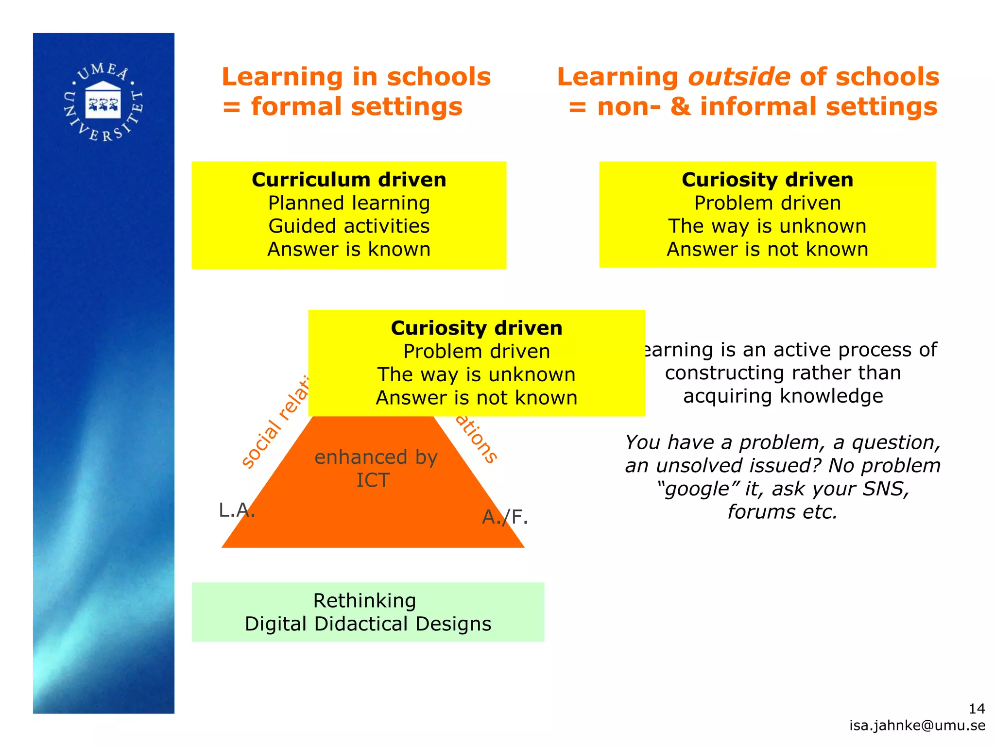 enhanced by
ICT
T.O.
L.A. A./F.
socialrelations
socialrelations
social relations
Learning in schools
= formal settings
Curiosity driven
Problem driven
The way is unknown
Answer is not known
Curriculum driven
Planned learning
Guided activities
Answer is known
Learning outside of schools
= non- & informal settings
Learning is an active process of
constructing rather than
acquiring knowledge
You have a problem, a question,
an unsolved issued? No problem
“google” it, ask your SNS,
forums etc.
Rethinking
Digital Didactical Designs
14
isa.jahnke@umu.se
Curiosity driven
Problem driven
The way is unknown
Answer is not known
 