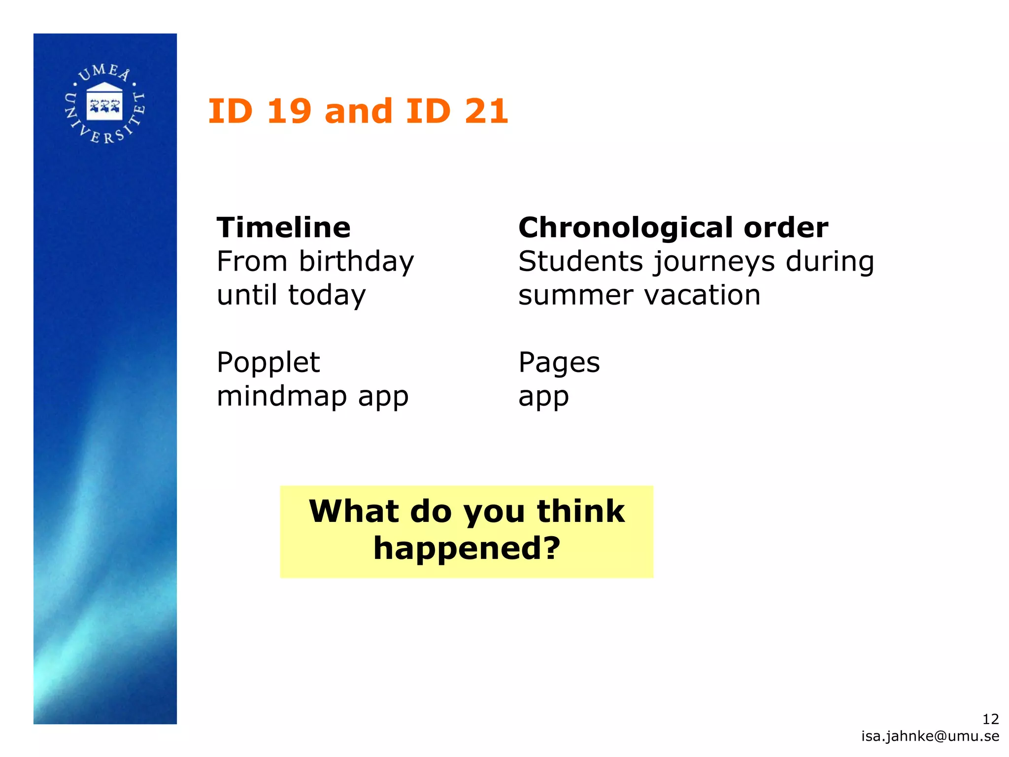 ID 19 and ID 21
12
isa.jahnke@umu.se
Timeline
From birthday
until today
Popplet
mindmap app
Chronological order
Students journeys during
summer vacation
Pages
app
What do you think
happened?
 
