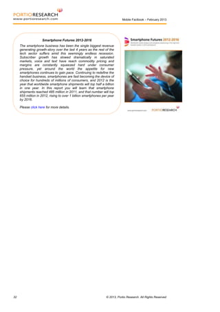 Mobile Factbook – February 2013

Smartphone Futures 2012-2016
The smartphone business has been the single biggest revenue
generating growth-story over the last 4 years as the rest of the
tech sector suffers amid this seemingly endless recession.
Subscriber growth has slowed dramatically in saturated
markets, voice and text have reach commodity pricing and
margins are constantly squeezed hard under consumer
pressure, yet around the world the appetite for new
smartphones continues to gain pace. Continuing to redefine the
handset business, smartphones are fast becoming the device of
choice for hundreds of millions of consumers, and 2012 is the
year that worldwide smartphone shipments will top half a billion
in one year. In this report you will learn that smartphone
shipments reached 485 million in 2011, and that number will top
655 million in 2012, rising to over 1 billion smartphones per year
by 2016.
Please click here for more details.

32

© 2013, Portio Research. All Rights Reserved

 