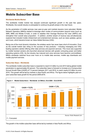 Mobile Factbook – February 2013

Mobile Subscriber Base
Worldwide Mobile Market
The worldwide mobile market has enjoyed continued significant growth in the past few years.
Worldwide, the overall industry is anticipated to continue its growth phase in the near future.
As the penetration of mobile services rose year-on-year and markets became more saturated, Mobile
Network Operators (MNOs) started to leverage other modes of communication beyond voice (such as
SMS, MMS and Mobile E-mail), in order to stabilise their Average Revenue Per User (ARPU) and
strengthen their overall value proposition. In addition, another stream of revenue was simultaneously
explored that included mobile infotainment and entertainment services, such as news updates, games
and music, which became known as Value Added Services (VAS).
Being one of the most dynamic industries, the wireless sector has never been short of innovation. Even
as the overall market was riding on the success of new products – including messaging and VAS,
leading operators started offering other data services and payment services. This move was supported
by mobile handset vendors who launched advanced devices with greater computing power and better
operating systems (OS). As the industry has matured and voice services have become commoditised,
MNOs worldwide switched focus ever more on to mobile data services, mobile app downloads and
mobile payment services.
Subscriber Base – Worldwide
The worldwide mobile subscriber base is expected to reach 6.5 billion by end-2012 taking global mobile
penetration to approximately 92 percent. The subscriber base is forecast to increase at a Compounded
Annual Growth Rate (CAGR) of 7.3 percent between 2011 and 2016, to reach nearly 8.5 billion by end2016. This growth will be led by markets in Asia Pacific and Africa. The figure below highlights year-onyear subscriber base growth for the period 2009-2016.

Figure 1: Mobile Subscribers – Worldwide (In Million, End 2009 – End 2016F)

Mobile Subscribers
(In Million)

10000

CAGR = 7.3%

CAGR = 13.2%

8000
6000

5,356

5,968

7,015

6,512

7,511

8,479

7,997

4,660

4000
2000
0
2009

2010

2011

2012F

2013F

2014F

2015F

2016F

Year
Source: Portio Research Ltd.

F – Forecasted

The growth in the mobile subscriber base will be led by markets in Asia Pacific and Africa.

© 2013, Portio Research. All Rights Reserved

7

 