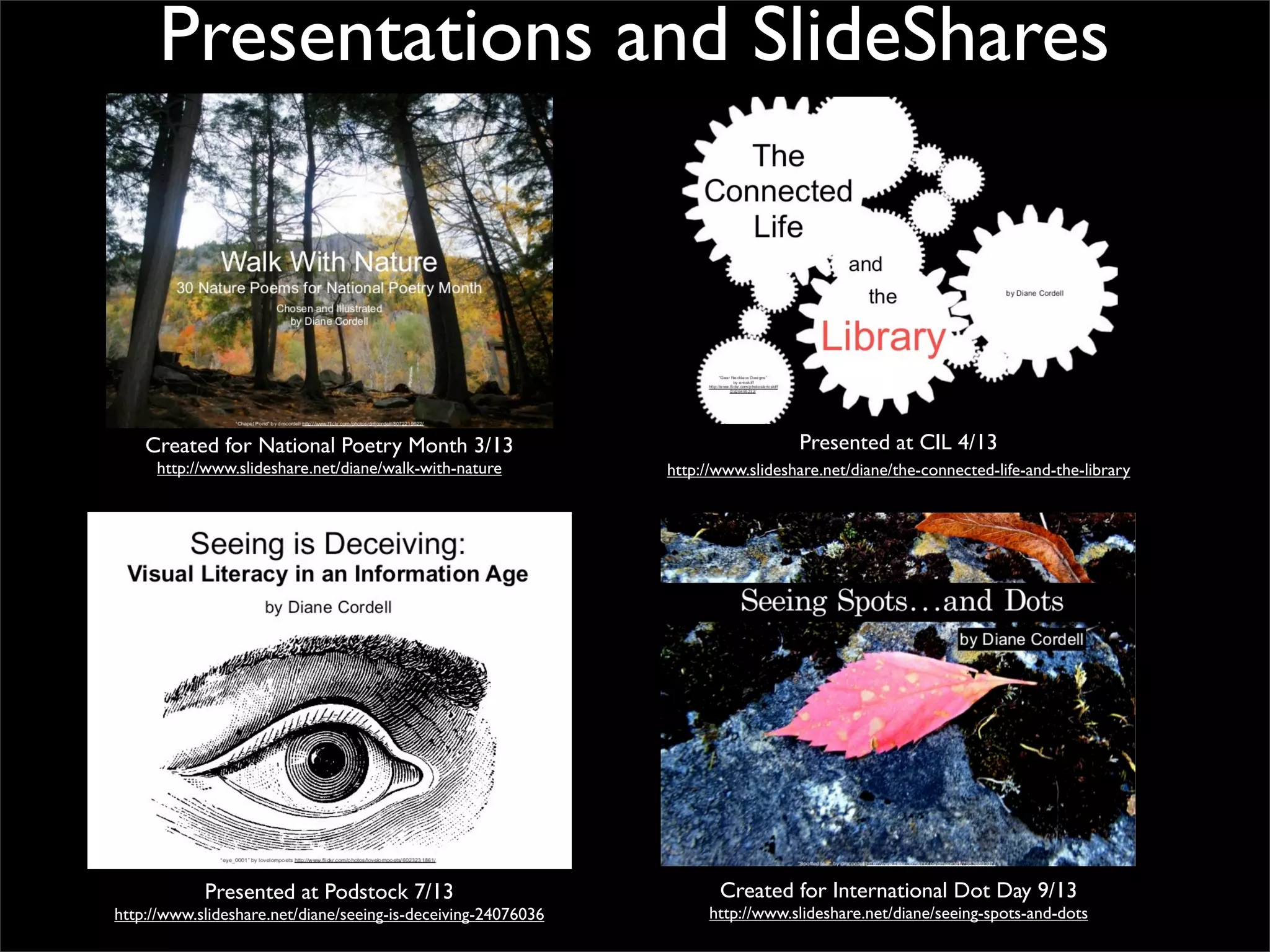 Presentations and SlideShares

Created for National Poetry Month 3/13

Presented at CIL 4/13

http://www.slideshare.net/diane/walk-with-nature

http://www.slideshare.net/diane/the-connected-life-and-the-library

Presented at Podstock 7/13

Created for International Dot Day 9/13

http://www.slideshare.net/diane/seeing-is-deceiving-24076036

http://www.slideshare.net/diane/seeing-spots-and-dots

 