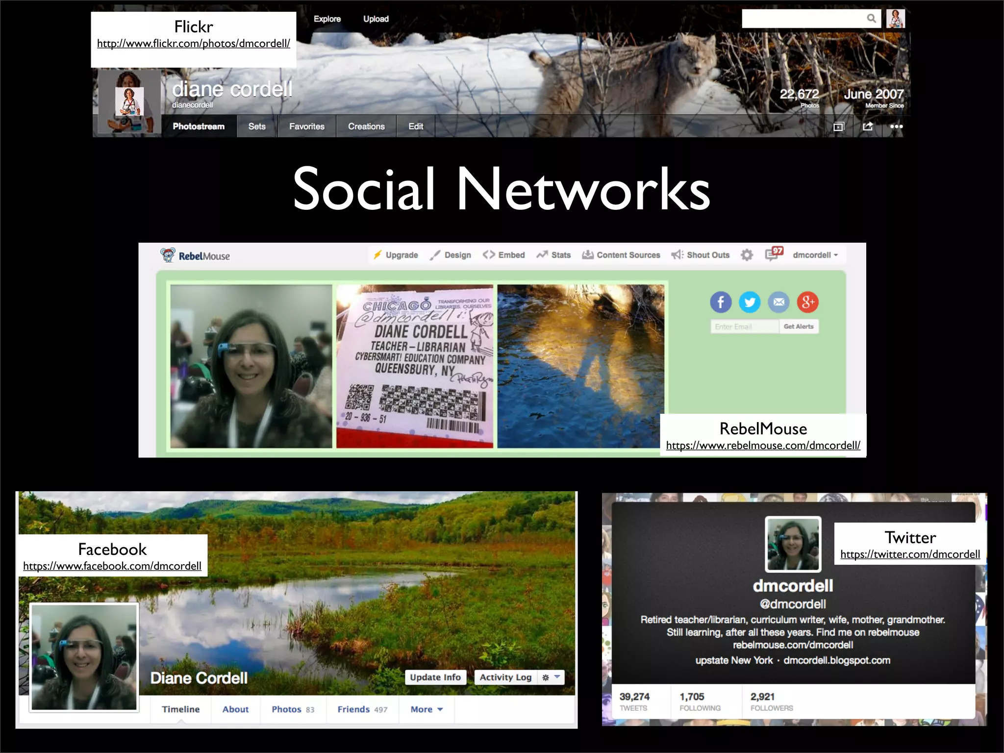 Flickr

http://www.ﬂickr.com/photos/dmcordell/

Social Networks

RebelMouse

https://www.rebelmouse.com/dmcordell/

Facebook

https://www.facebook.com/dmcordell

Twitter

https://twitter.com/dmcordell

 