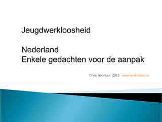Chris Noordam 2013 www.workforfun.nu
Jeugdwerkloosheid
Nederland
Enkele gedachten voor de aanpak
 