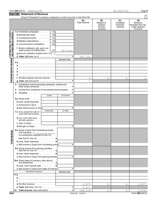 Form 990 (2013) Page 9
Part VIII Statement of Revenue
Check if Schedule O contains a response or note to any line in this Part VIII
(A) (B) (C) (D)
Total revenue Related or Unrelated Revenue
exempt business excluded from tax
function revenue under sections
revenue 512-514
Federated campaigns1 a 1 a
Membership duesb 1 b
Fundraising eventsc 1 c
Related organizationsd 1 d
Government grants (contributions)e 1 e
All other contributions, gifts, grants, andf
similar amounts not included above 1 f
Noncash contributions included in lines 1a-1f:g $
GTotal. Add lines 1a-1fh
Business Code
2 a
b
c
d
e
All other program service revenuef
GTotal. Add lines 2a-2fg
Investment income (including dividends, interest and3
Gother similar amounts)
GIncome from investment of tax-exempt bond proceeds .4
GRoyalties5
(i) Real (ii) Personal
Gross rents6 a
Less: rental expensesb
Rental income or (loss)c
GNet rental income or (loss)d
(i) Securities (ii) Other
Gross amount from sales of7 a
assets other than inventory .
Less: cost or other basisb
and sales expenses
Gain or (loss)c
Net gain or (loss) Gd
Gross income from fundraising events8 a
(not including .$
of contributions reported on line 1c).
See Part IV, line 18 a
Less: direct expensesb b
GNet income or (loss) from fundraising eventsc
Gross income from gaming activities.9 a
See Part IV, line 19 a
Less: direct expensesb b
GNet income or (loss) from gaming activitiesc
Gross sales of inventory, less returns10a
and allowances a
Less: cost of goods soldb b
GNet income or (loss) from sales of inventoryc
Miscellaneous Revenue Business Code
11a
b
c
All other revenued
GTotal. Add lines 11a-11de
GTotal revenue. See instructions12
TEEA0109 07/08/13 Form 990 (2013)BAA
NOWCastSA 90-0585154
187,126.
187,126.
1. 0. 0. 1.
1.
2,977. 0. 0. 2,977.
2,977.
190,104. 0. 0. 2,978.
 