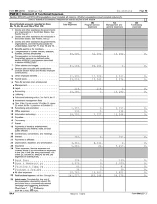 Form 990 (2013) Page 10
Part IX Statement of Functional Expenses
Section 501(c)(3) and 501(c)(4) organizations must complete all columns. All other organizations must complete column (A).
Check if Schedule O contains a response or note to any line in this Part IX
(D)(C)(A) (B)
Do not include amounts reported on lines Total expenses FundraisingManagement andProgram service
6b, 7b, 8b, 9b, and 10b of Part VIII. expensesgeneral expensesexpenses
Grants and other assistance to governments1
and organizations in the United States. See
Part IV, line 21
Grants and other assistance to individuals in2
the United States. See Part IV, line 22
Grants and other assistance to governments,3
organizations, and individuals outside the
United States. See Part IV, lines 15 and 16
Benefits paid to or for members4
Compensation of current officers, directors,5
trustees, and key employees
Compensation not included above, to6
disqualified persons (as defined under
section 4958(f)(1)) and persons described
in section 4958(c)(3)(B)
Other salaries and wages7
Pension plan accruals and contributions8
(include section 401(k) and 403(b) employer
contributions)
Other employee benefits9
Payroll taxes10
Fees for services (non-employees):11
Managementa
Legalb
Accountingc
Lobbyingd
Professional fundraising services. See Part IV, line 17e
Investment management feesf
g Other. (If line 11g amt exceeds 10% of line 25, column
(A) amount, list line 11g expenses on Schedule O)
Advertising and promotion12
Office expenses13
Information technology14
Royalties15
Occupancy16
Travel17
Payments of travel or entertainment18
expenses for any federal, state, or local
public officials
Conferences, conventions, and meetings19
Interest20
Payments to affiliates21
Depreciation, depletion, and amortization22
Insurance23
Other expenses. Itemize expenses not24
covered above (List miscellaneous expenses
in line 24e. If line 24e amount exceeds 10%
of line 25, column (A) amount, list line 24e
expenses on Schedule O.)
a
b
c
d
All other expensese
25 Total functional expenses. Add lines 1 through 24e
Joint costs. Complete this line only if26
the organization reported in column (B)
joint costs from a combined educational
campaign and fundraising solicitation.
if followingCheck here G
SOP 98-2 (ASC 958-720)
BAA Form 990 (2013)TEEA0110 11/08/13
NOWCastSA 90-0585154
65,000. 52,000. 13,000. 0.
81,104. 81,104. 0. 0.
11,995. 10,928. 1,067. 0.
13,218. 12,042. 1,176. 0.
214. 214. 0. 0.
15,280. 0. 15,280. 0.
1,357. 0. 1,357. 0.
938. 0. 938. 0.
18,795. 7,527. 11,268. 0.
757. 0. 757. 0.
4,341. 4,341. 0. 0.
5,281. 24. 5,257. 0.
20,765. 16,963. 3,802. 0.
241,227. 185,148. 56,079. 0.
Bank Fees 124. 5. 119. 0.
Dues & Memberships 1,979. 0. 1,979. 0.
Printing & Copying 41. 0. 41. 0.
Postage & Freight 38. 0. 38. 0.
 