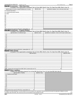 Schedule D (Form 990) 2013 Page 3
Part VII Investments ' Other Securities.
Complete if the organization answered ’Yes’ to Form 990, Part IV, line 11b. See Form 990, Part X, line 12.
(b) Book value(a) Description of security or category (including name of security) (c) Method of valuation: Cost or end-of-year market value
(1) Financial derivatives
(2) Closely-held equity interests
(3) Other
(A)
(B)
(C)
(D)
(E)
(F)
(G)
(H)
(I)
Total. (Column (b) must equal Form 990, Part X, column (B) line 12.)
Investments ' Program Related.Part VIII
Complete if the organization answered ’Yes’ to Form 990, Part IV, line 11c. See Form 990, Part X, line 13.
(a) Description of investment type (b) Book value (c) Method of valuation: Cost or end-of-year market value
(1)
(2)
(3)
(4)
(5)
(6)
(7)
(8)
(9)
(10)
Total. (Column (b) must equal Form 990, Part X, column (B) line 13.)
Other Assets.Part IX
Complete if the organization answered ’Yes’ to Form 990, Part IV, line 11d. See Form 990, Part X, line 15.
(a) Description (b) Book value
(1)
(2)
(3)
(4)
(5)
(6)
(7)
(8)
(9)
(10)
Total. (Column (b) must equal Form 990, Part X, column (B), line 15.)
Part X Other Liabilities.
Complete if the organization answered ’Yes’ to Form 990, Part IV, line 11e or 11f. See Form 990, Part X, line 25
(a) Description of liability (b) Book value
(1) Federal income taxes
(2)
(3)
(4)
(5)
(6)
(7)
(8)
(9)
(10)
(11)
Total. (Column (b) must equal Form 990, Part X, column (B) line 25.)
2. Liability for uncertain tax positions. In Part XIII, provide the text of the footnote to the organization’s financial statements that reports the organization’s liability for uncertain
tax positions under FIN 48 (ASC 740). Check here if the text of the footnote has been provided in Part XIII
TEEA3303 10/02/13 Schedule D (Form 990) 2013BAA
NOWCastSA 90-0585154
 