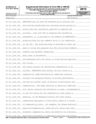 OMB No. 1545-0047
Supplemental Information to Form 990 or 990-EZSCHEDULE O
(Form 990 or 990-EZ) Complete to provide information for responses to specific questions on
2013Form 990 or 990-EZ or to provide any additional information.
G Attach to Form 990 or 990-EZ.
Open to PublicG Information about Schedule O (Form 990 or 990-EZ) and its instructions isDepartment of the Treasury
InspectionInternal Revenue Service at www.irs.gov/form990.
Name of the organization Employer identification number
TEEA4901 09/09/2013 Schedule O (Form 990 or 990-EZ) 2013BAA For Paperwork Reduction Act Notice, see the Instructions for Form 990 or 990-EZ.
NOWCastSA 90-0585154
Pt VI, Line 11b NOWCASTSA has its form 990 prepared by an external CPA
Pt VI, Line 11b Firm and has established the following review process to
Pt VI, Line 11b ensure that the information reported is complete and
Pt VI, Line 11b accurate. Once form 990 is prepared and reviewed by
Pt VI, Line 11b management, it is provided to the members of NOWCASTSA’s
Pt VI, Line 11b governing body for any comments prior to its submission
Pt VI, Line 11b to the IRS. The governing body is provided at least one
Pt VI, Line 11b week to review the prepared form 990 and provide feedback.
Pt VI, Line 11b Comments are grouped, summarized.
Pt VI, Line 11b Each issue is documented
Pt VI, Line 11b and addressed until the return is finalized and approved
Pt VI, Line 11b for filing.
Pt VI, Line 15b The annual process for determining compensation is as
Pt VI, Line 15a follows: NOWCASTSA shall(either the full board or a
Pt VI, Line 15b compensation committee/executive committee) annually
Pt VI, Line 15a evaluate the managing director on his/her performance,
Pt VI, Line 15a and ask for his/her input on matters of performance and
Pt VI, Line 15a compensation. The Human Resourse or Executive Committee
Pt VI, Line 15a will obtain research and information to make a recommendation
Pt VI, Line 15a to the full board for the compensation, both salary &
Pt VI, Line 15a benefits, of the Managing Director and other highly
Pt VI, Line 15a compensated employees or consultants, based on a review
Pt VI, Line 15a of comparability data. For example, the (Human Resource/
Pt VI, Line 15a Executive/Compensation) committee will secure data that
Pt VI, Line 15a documents compensation levels and benefits for similarly
Pt VI, Line 15a qualified individuals in comparable positions and similar
 