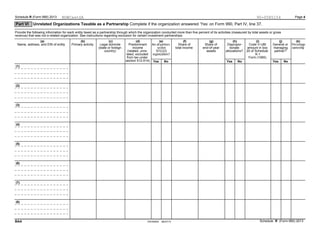 Schedule R (Form 990) 2013 Page 4
Unrelated Organizations Taxable as a Partnership Complete if the organization answered ’Yes’ on Form 990, Part IV, line 37.Part VI
Provide the following information for each entity taxed as a partnership through which the organization conducted more than five percent of its activities (measured by total assets or gross
revenue) that was not a related organization. See instructions regarding exclusion for certain investment partnerships.
(d) (h) (i) (j)(a) (b) (c) (e) (f) (g) (k)
Predominant Dispropor- Code V-UBI General orName, address, and EIN of entity Primary activity Legal domicile Share of Share ofAre all partners Percentage
income tionate amount in box managing(state or foreign total income end-of-yearsection ownership
(related, unre- allocations? 20 of Schedule partner?country) assets501(c)(3)
lated, excluded K-1organizations?
from tax under Form (1065)
section 512-514) Yes NoYes No Yes No
(1)
(2)
(3)
(4)
(5)
(6)
(7)
(8)
Schedule R (Form 990) 2013TEEA5004 06/27/13BAA
NOWCastSA 90-0585154
 