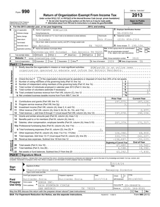 OMB No. 1545-0047
Form 990
Return of Organization Exempt From Income Tax 2013
Under section 501(c), 527, or 4947(a)(1) of the Internal Revenue Code (except private foundations)
Open to PublicG Do not enter Social Security numbers on this form as it may be made public.
Department of the Treasury
InspectionG Information about Form 990 and its instructions is at www.irs.gov/form990.Internal Revenue Service
A For the 2013 calendar year, or tax year beginning , 2013, and ending ,
D Employer Identification NumberName of organizationCCheck if applicable:B
Address change Doing Business As
Number and street (or P.O. box if mail is not delivered to street address) Room/suite Telephone numberEName change
Initial return
City or town, state or province, country, and ZIP or foreign postal codeTerminated
$Amended return Gross receiptsG
Is this a group return for subordinates?H(a)Name and address of principal officer:FApplication pending Yes No
H(b) Are all subordinates included? Yes No
If ’No,’ attach a list. (see instructions)
H( )Tax-exempt status 501(c)(3) 501(c) (insert no.) 4947(a)(1) or 527I
GGroup exemption numberJ Website: G H(c)
GForm of organization: Corporation Trust Association Other Year of formation: State of legal domicile:K ML
Part I Summary
Briefly describe the organization’s mission or most significant activities:1
if the organization discontinued its operations or disposed of more than 25% of its net assets.Check this box G2
Number of voting members of the governing body (Part VI, line 1a)3 3
Number of independent voting members of the governing body (Part VI, line 1b)4 4
Total number of individuals employed in calendar year 2013 (Part V, line 2a)5 5
Total number of volunteers (estimate if necessary)6 6
Total unrelated business revenue from Part VIII, column (C), line 127a 7a
Net unrelated business taxable income from Form 990-T, line 34b 7b
Prior Year Current Year
Contributions and grants (Part VIII, line 1h)8
Program service revenue (Part VIII, line 2g)9
Investment income (Part VIII, column (A), lines 3, 4, and 7d)10
Other revenue (Part VIII, column (A), lines 5, 6d, 8c, 9c, 10c, and 11e)11
Total revenue ' add lines 8 through 11 (must equal Part VIII, column (A), line 12)12
Grants and similar amounts paid (Part IX, column (A), lines 1-3)13
Benefits paid to or for members (Part IX, column (A), line 4)14
Salaries, other compensation, employee benefits (Part IX, column (A), lines 5-10)15
Professional fundraising fees (Part IX, column (A), line 11e)16a
Total fundraising expenses (Part IX, column (D), line 25) Gb
Other expenses (Part IX, column (A), lines 11a-11d, 11f-24e)17
Total expenses. Add lines 13-17 (must equal Part IX, column (A), line 25)18
Revenue less expenses. Subtract line 18 from line 1219
End of YearBeginning of Current Year
Total assets (Part X, line 16)20
Total liabilities (Part X, line 26)21
Net assets or fund balances. Subtract line 21 from line 2022
Part II Signature Block
Under penalties of perjury, I declare that I have examined this return, including accompanying schedules and statements, and to the best of my knowledge and belief, it is true, correct, and
complete. Declaration of preparer (other than officer) is based on all information of which preparer has any knowledge.
A Signature of officer Date
Sign
Here
A Type or print name and title.
PTINPrint/Type preparer’s name Preparer’s signature Date Check if
self-employed
Paid
GFirm’s namePreparer
GUse Only Firm’s EIN GFirm’s address
Phone no.
May the IRS discuss this return with the preparer shown above? (see instructions) Yes No
TEEA0101 11/08/13 Form 990 (2013)BAA For Paperwork Reduction Act Notice, see the separate instructions.
NOWCastSA
600 Soledad 6th Floor
San Antonio TX 78205
90-0585154
(210) 859-2359
Charlotte-Anne Lucas 600 Soledad San Antonio TX 78205
190,104.
X
3910
X
www.nowcastsa.com
X 2009 TX
NOWCastSA is an online news
7
6
5
13
0.
197,075. 187,126.
3. 1.
2,977.
197,078. 190,104.
207,379. 171,317.
0.
126,396. 69,910.
333,775. 241,227.
-136,697. -51,123.
47,480. 10,562.
4,188. 18,392.
43,292. -7,830.
10/14/14
Charlotte-Anne Lucas Managing Director
Guillermo Soria Guillermo Soria 11/17/14 P01240363
SORIA INC.
8434 FOUNTAIN CIRCLE 20-3844874
SAN ANTONIO TX 78229 (210) 344-9595
X
organization operated to educate and inform San Antonio Residents.
 