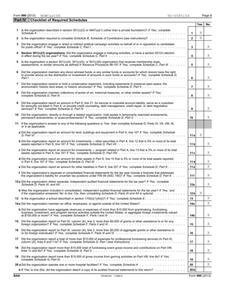 Form 990 (2013) Page 3
Part IV Checklist of Required Schedules
Yes No
Is the organization described in section 501(c)(3) or 4947(a)(1) (other than a private foundation)? If ’Yes,’ complete1
Schedule A 1
Is the organization required to complete Schedule B, Schedule of Contributors (see instructions)?2 2
Did the organization engage in direct or indirect political campaign activities on behalf of or in opposition to candidates3
for public office? If ’Yes,’ complete Schedule C, Part I 3
Section 501(c)(3) organizations. Did the organization engage in lobbying activities, or have a section 501(h) election4
in effect during the tax year? If ’Yes,’ complete Schedule C, Part II 4
Is the organization a section 501(c)(4), 501(c)(5), or 501(c)(6) organization that receives membership dues,5
assessments, or similar amounts as defined in Revenue Procedure 98-19? If ’Yes,’ complete Schedule C, Part III 5
Did the organization maintain any donor advised funds or any similar funds or accounts for which donors have the right6
to provide advice on the distribution or investment of amounts in such funds or accounts? If ’Yes,’ complete Schedule D,
Part I 6
Did the organization receive or hold a conservation easement, including easements to preserve open space, the7
environment, historic land areas, or historic structures? If ’Yes,’ complete Schedule D, Part II 7
Did the organization maintain collections of works of art, historical treasures, or other similar assets? If ’Yes,’8
complete Schedule D, Part III 8
Did the organization report an amount in Part X, line 21, for escrow or custodial account liability; serve as a custodian9
for amounts not listed in Part X; or provide credit counseling, debt management, credit repair, or debt negotiation
services? If ’Yes,’ complete Schedule D, Part IV 9
Did the organization, directly or through a related organization, hold assets in temporarily restricted endowments,10
permanent endowments, or quasi-endowments? If ’Yes,’ complete Schedule D, Part V 10
If the organization’s answer to any of the following questions is ’Yes’, then complete Schedule D, Parts VI, VII, VIII, IX,11
or X as applicable.
Did the organization report an amount for land, buildings and equipment in Part X, line 10? If ’Yes,’ complete Schedulea
D, Part VI 11a
Did the organization report an amount for investments ' other securities in Part X, line 12 that is 5% or more of its totalb
assets reported in Part X, line 16? If ’Yes,’ complete Schedule D, Part VII 11b
Did the organization report an amount for investments ' program related in Part X, line 13 that is 5% or more of its totalc
assets reported in Part X, line 16? If ’Yes,’ complete Schedule D, Part VIII 11c
Did the organization report an amount for other assets in Part X, line 15 that is 5% or more of its total assets reportedd
in Part X, line 16? If ’Yes,’ complete Schedule D, Part IX 11d
Did the organization report an amount for other liabilities in Part X, line 25? If ’Yes,’ complete Schedule D, Part Xe 11e
Did the organization’s separate or consolidated financial statements for the tax year include a footnote that addressesf
the organization’s liability for uncertain tax positions under FIN 48 (ASC 740)? If ’Yes,’ complete Schedule D, Part X 11f
Did the organization obtain separate, independent audited financial statements for the tax year? If ’Yes,’ complete12a
Schedule D, Parts XI, and XII 12a
Was the organization included in consolidated, independent audited financial statements for the tax year? If ’Yes,’ andb
if the organization answered ’No’ to line 12a, then completing Schedule D, Parts XI and XII is optional 12b
Is the organization a school described in section 170(b)(1)(A)(ii)? If ’Yes,’ complete Schedule E13 13
Did the organization maintain an office, employees, or agents outside of the United States?14a 14a
Did the organization have aggregate revenues or expenses of more than $10,000 from grantmaking, fundraising,b
business, investment, and program service activities outside the United States, or aggregate foreign investments valued
at $100,000 or more? If ’Yes,’ complete Schedule F, Parts I and IV 14b
Did the organization report on Part IX, column (A), line 3, more than $5,000 of grants or other assistance to or for any15
foreign organization? If ’Yes,’ complete Schedule F, Parts II and IV 15
Did the organization report on Part IX, column (A), line 3, more than $5,000 of aggregate grants or other assistance to16
or for foreign individuals? If ’Yes,’ complete Schedule F, Parts III and IV 16
Did the organization report a total of more than $15,000 of expenses for professional fundraising services on Part IX,17
column (A), lines 6 and 11e? If ’Yes,’ complete Schedule G, Part I (see instructions) 17
Did the organization report more than $15,000 total of fundraising event gross income and contributions on Part VIII,18
lines 1c and 8a? If ’Yes,’ complete Schedule G, Part II 18
Did the organization report more than $15,000 of gross income from gaming activities on Part VIII, line 9a? If ’Yes,’19
complete Schedule G, Part III 19
Did the organization operate one or more hospital facilities? If ’Yes,’ complete Schedule H20 a 20
If ’Yes’ to line 20a, did the organization attach a copy of its audited financial statements to this return?b 20b
TEEA0103 11/08/13 Form 990 (2013)BAA
NOWCastSA 90-0585154
X
X
X
X
X
X
X
X
X
X
X
X
X
X
X
X
X
X
X
X
X
X
X
X
X
X
X
 