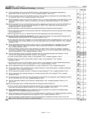 Form 990 (2013) Page 4
Part IV Checklist of Required Schedules (continued)
Yes No
Did the organization report more than $5,000 of grants or other assistance to any domestic organizations or21
government on Part IX, column (A), line 1? If ’Yes,’ complete Schedule I, Parts I and II 21
Did the organization report more than $5,000 of grants or other assistance to individuals in the United States on Part22
IX, column (A), line 2? If ’Yes,’ complete Schedule I, Parts I and III 22
Did the organization answer ’Yes’ to Part VII, Section A, line 3, 4, or 5 about compensation of the organization’s current23
and former officers, directors, trustees, key employees, and highest compensated employees? If ’Yes,’ complete
Schedule J 23
Did the organization have a tax-exempt bond issue with an outstanding principal amount of more than $100,000 as of24a
the last day of the year, that was issued after December 31, 2002? If ’Yes,’ answer lines 24b through 24d and
complete Schedule K. If ’No,’go to line 25a 24a
Did the organization invest any proceeds of tax-exempt bonds beyond a temporary period exception?b 24b
Did the organization maintain an escrow account other than a refunding escrow at any time during the year to defeasec
any tax-exempt bonds? 24c
Did the organization act as an ’on behalf of’ issuer for bonds outstanding at any time during the year?d 24d
Section 501(c)(3) and 501(c)(4) organizations. Did the organization engage in an excess benefit transaction with a25a
25adisqualified person during the year? If ’Yes,’ complete Schedule L, Part I
Is the organization aware that it engaged in an excess benefit transaction with a disqualified person in a prior year, andb
that the transaction has not been reported on any of the organization’s prior Forms 990 or 990-EZ? If ’Yes,’ complete
Schedule L, Part I 25b
Did the organization report any amount on Part X, line 5, 6, or 22 for receivables from or payables to any current or26
former officers, directors, trustees, key employees, highest compensated employees, or disqualified persons?
If so, complete Schedule L, Part II 26
Did the organization provide a grant or other assistance to an officer, director, trustee, key employee, substantial27
contributor or employee thereof, a grant selection committee member, or to a 35% controlled entity or family member
27of any of these persons? If ’Yes,’ complete Schedule L, Part III
Was the organization a party to a business transaction with one of the following parties (see Schedule L, Part IV28
instructions for applicable filing thresholds, conditions, and exceptions):
A current or former officer, director, trustee, or key employee? If ’Yes,’ complete Schedule L, Part IVa 28a
A family member of a current or former officer, director, trustee, or key employee? If ’Yes,’ completeb
Schedule L, Part IV 28b
An entity of which a current or former officer, director, trustee, or key employee (or a family member thereof) was anc
officer, director, trustee, or direct or indirect owner? If ’Yes,’ complete Schedule L, Part IV 28c
Did the organization receive more than $25,000 in non-cash contributions? If ’Yes,’ complete Schedule M29 29
Did the organization receive contributions of art, historical treasures, or other similar assets, or qualified conservation30
contributions? If ’Yes,’ complete Schedule M 30
Did the organization liquidate, terminate, or dissolve and cease operations? If ’Yes,’ complete Schedule N, Part I31 31
Did the organization sell, exchange, dispose of, or transfer more than 25% of its net assets? If ’Yes,’ complete32
Schedule N, Part II 32
Did the organization own 100% of an entity disregarded as separate from the organization under Regulations sections33
301.7701-2 and 301.7701-3? If ’Yes,’ complete Schedule R, Part I 33
Was the organization related to any tax-exempt or taxable entity? If ’Yes,’ complete Schedule R, Parts II, III, IV,34
and V, line 1 34
Did the organization have a controlled entity within the meaning of section 512(b)(13)?35a 35a
If ’Yes’ to line 35a, did the organization receive any payment from or engage in any transaction with a controlledb
entity within the meaning of section 512(b)(13)? If ’Yes,’ complete Schedule R, Part V, line 2 35b
Section 501(c)(3) organizations. Did the organization make any transfers to an exempt non-charitable related36
organization? If ’Yes,’ complete Schedule R, Part V, line 2 36
Did the organization conduct more than 5% of its activities through an entity that is not a related organization and that is37
treated as a partnership for federal income tax purposes? If ’Yes,’ complete Schedule R, Part VI 37
Did the organization complete Schedule O and provide explanations in Schedule O for Part VI, lines 11b and 19?38
Note. All Form 990 filers are required to complete Schedule O 38
Form 990 (2013)BAA
TEEA0104 11/11/13
NOWCastSA 90-0585154
X
X
X
X
X
X
X
X
X
X
X
X
X
X
X
X
X
X
X
X
X
X
 