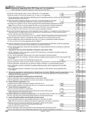 Form 990 (2013) Page 5
Part V Statements Regarding Other IRS Filings and Tax Compliance
Check if Schedule O contains a response or note to any line in this Part V
Yes No
Enter the number reported in Box 3 of Form 1096. Enter -0- if not applicable1 a 1 a
Enter the number of Forms W-2G included in line 1a. Enter -0- if not applicableb 1 b
Did the organization comply with backup withholding rules for reportable payments to vendors and reportable gamingc
(gambling) winnings to prize winners? 1 c
Enter the number of employees reported on Form W-3, Transmittal of Wage and Tax State-2 a
ments, filed for the calendar year ending with or within the year covered by this return 2 a
If at least one is reported on line 2a, did the organization file all required federal employment tax returns?b 2 b
Note. If the sum of lines 1a and 2a is greater than 250, you may be required to e-file (see instructions)
Did the organization have unrelated business gross income of $1,000 or more during the year?3 a 3 a
If ’Yes’ has it filed a Form 990-T for this year? If ’No’ to line 3b, provide an explanation in Schedule Ob 3 b
At any time during the calendar year, did the organization have an interest in, or a signature or other authority over, a4 a
financial account in a foreign country (such as a bank account, securities account, or other financial account)? 4 a
If ’Yes,’ enter the name of the foreign country: Gb
See instructions for filing requirements for Form TD F 90-22.1, Report of Foreign Bank and Financial Accounts.
Was the organization a party to a prohibited tax shelter transaction at any time during the tax year?5 a 5 a
Did any taxable party notify the organization that it was or is a party to a prohibited tax shelter transaction?b 5 b
If ’Yes,’ to line 5a or 5b, did the organization file Form 8886-T?c 5 c
Does the organization have annual gross receipts that are normally greater than $100,000, and did the organization6 a
solicit any contributions that were not tax deductible as charitable contributions? 6 a
If ’Yes,’ did the organization include with every solicitation an express statement that such contributions or gifts wereb
not tax deductible? 6 b
7 Organizations that may receive deductible contributions under section 170(c).
Did the organization receive a payment in excess of $75 made partly as a contribution and partly for goods anda
services provided to the payor? 7 a
If ’Yes,’ did the organization notify the donor of the value of the goods or services provided?b 7 b
Did the organization sell, exchange, or otherwise dispose of tangible personal property for which it was required to filec
Form 8282? 7 c
If ’Yes,’ indicate the number of Forms 8282 filed during the yeard 7 d
Did the organization receive any funds, directly or indirectly, to pay premiums on a personal benefit contract?e 7 e
Did the organization, during the year, pay premiums, directly or indirectly, on a personal benefit contract?f 7 f
If the organization received a contribution of qualified intellectual property, did the organization file Form 8899g
as required? 7 g
If the organization received a contribution of cars, boats, airplanes, or other vehicles, did the organization file ah
Form 1098-C? 7 h
Sponsoring organizations maintaining donor advised funds and section 509(a)(3) supporting organizations. Did the8
supporting organization, or a donor advised fund maintained by a sponsoring organization, have excess business
holdings at any time during the year? 8
9 Sponsoring organizations maintaining donor advised funds.
Did the organization make any taxable distributions under section 4966?a 9 a
Did the organization make a distribution to a donor, donor advisor, or related person?b 9 b
Section 501(c)(7) organizations. Enter:10
Initiation fees and capital contributions included on Part VIII, line 12a 10a
Gross receipts, included on Form 990, Part VIII, line 12, for public use of club facilitiesb 10b
Section 501(c)(12) organizations. Enter:11
Gross income from members or shareholdersa 11a
Gross income from other sources (Do not net amounts due or paid to other sourcesb
against amounts due or received from them.) 11b
Section 4947(a)(1) non-exempt charitable trusts. Is the organization filing Form 990 in lieu of Form 1041?12a 12a
If ’Yes,’ enter the amount of tax-exempt interest received or accrued during the yearb 12b
13 Section 501(c)(29) qualified nonprofit health insurance issuers.
Is the organization licensed to issue qualified health plans in more than one state?a 13a
Note. See the instructions for additional information the organization must report on Schedule O.
Enter the amount of reserves the organization is required to maintain by the states inb
which the organization is licensed to issue qualified health plans 13b
Enter the amount of reserves on handc 13c
Did the organization receive any payments for indoor tanning services during the tax year?14a 14a
If ’Yes,’ has it filed a Form 720 to report these payments? If ’No,’ provide an explanation in Schedule Ob 14b
TEEA0105 07/02/13 Form 990 (2013)BAA
NOWCastSA 90-0585154
0
0
5
X
X
X
X
X
X
X
X
X
X
X
 