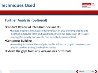 PREVIOUS NEXT
Techniques Used
Further Analysis (optional)
•Conduct Review of Inter-Unit Documents
•Related business unit quality documents can also be compared to one
another in tabular form and used to facilitate the discussion of “issues”
among the quality documents that need to be harmonized
•Consensus Building
•A meeting to review the analysis results will occur to gain consensus and
understanding among the business units
•Extract the gaps from any Weaknesses or Threats
 