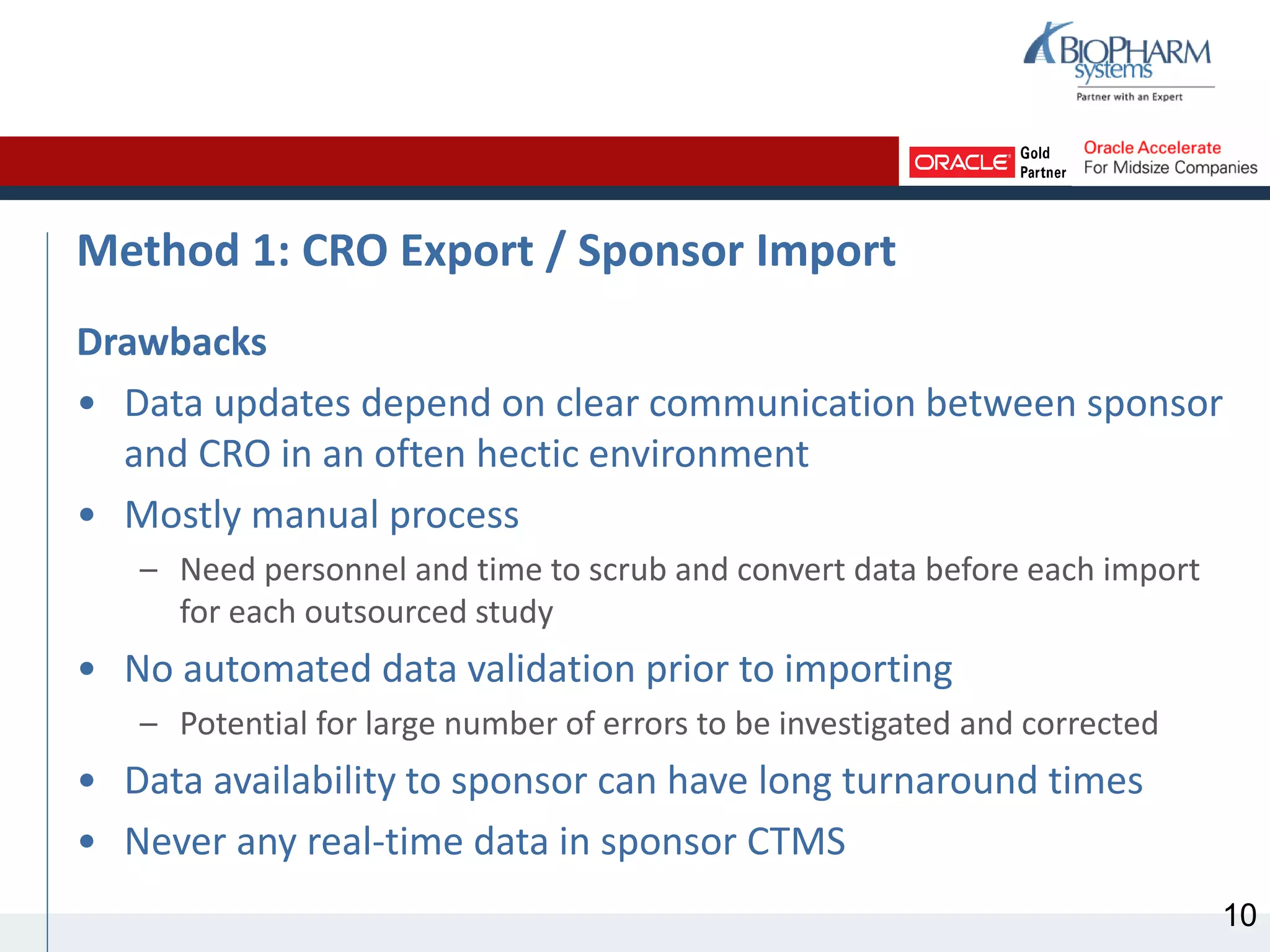 Method 1: CRO Export / Sponsor Import
Drawbacks
• Data updates depend on clear communication between sponsor
and CRO in an often hectic environment
• Mostly manual process
– Need personnel and time to scrub and convert data before each import
for each outsourced study
• No automated data validation prior to importing
– Potential for large number of errors to be investigated and corrected
• Data availability to sponsor can have long turnaround times
• Never any real-time data in sponsor CTMS
10
 