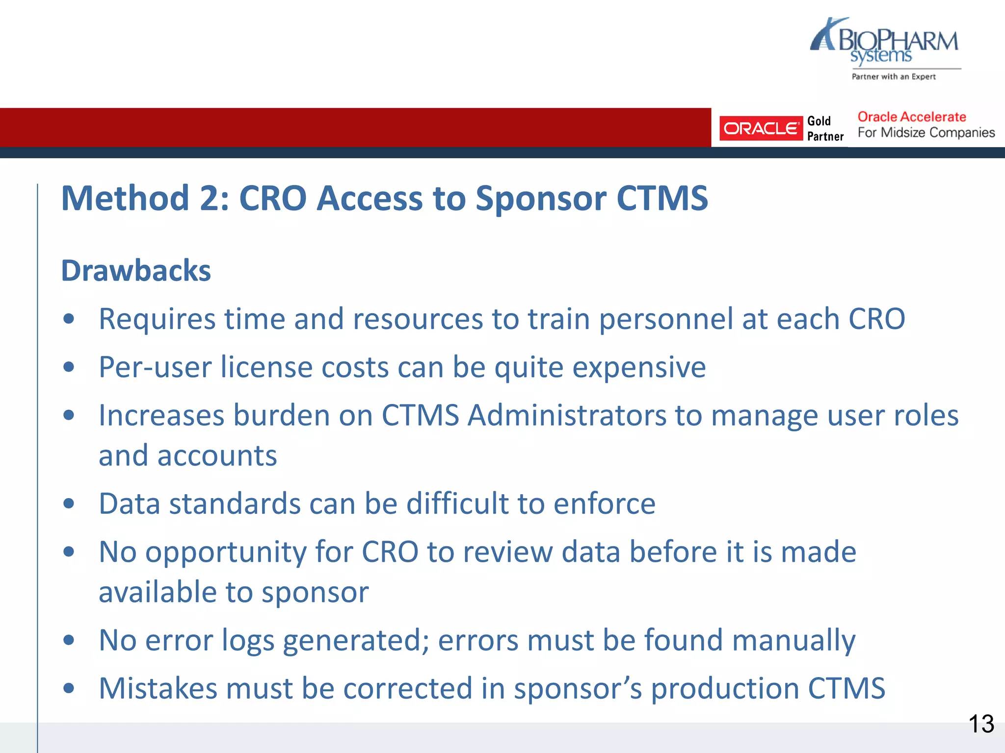 Method 2: CRO Access to Sponsor CTMS
Drawbacks
• Requires time and resources to train personnel at each CRO
• Per-user license costs can be quite expensive
• Increases burden on CTMS Administrators to manage user roles
and accounts
• Data standards can be difficult to enforce
• No opportunity for CRO to review data before it is made
available to sponsor
• No error logs generated; errors must be found manually
• Mistakes must be corrected in sponsor’s production CTMS
13
 