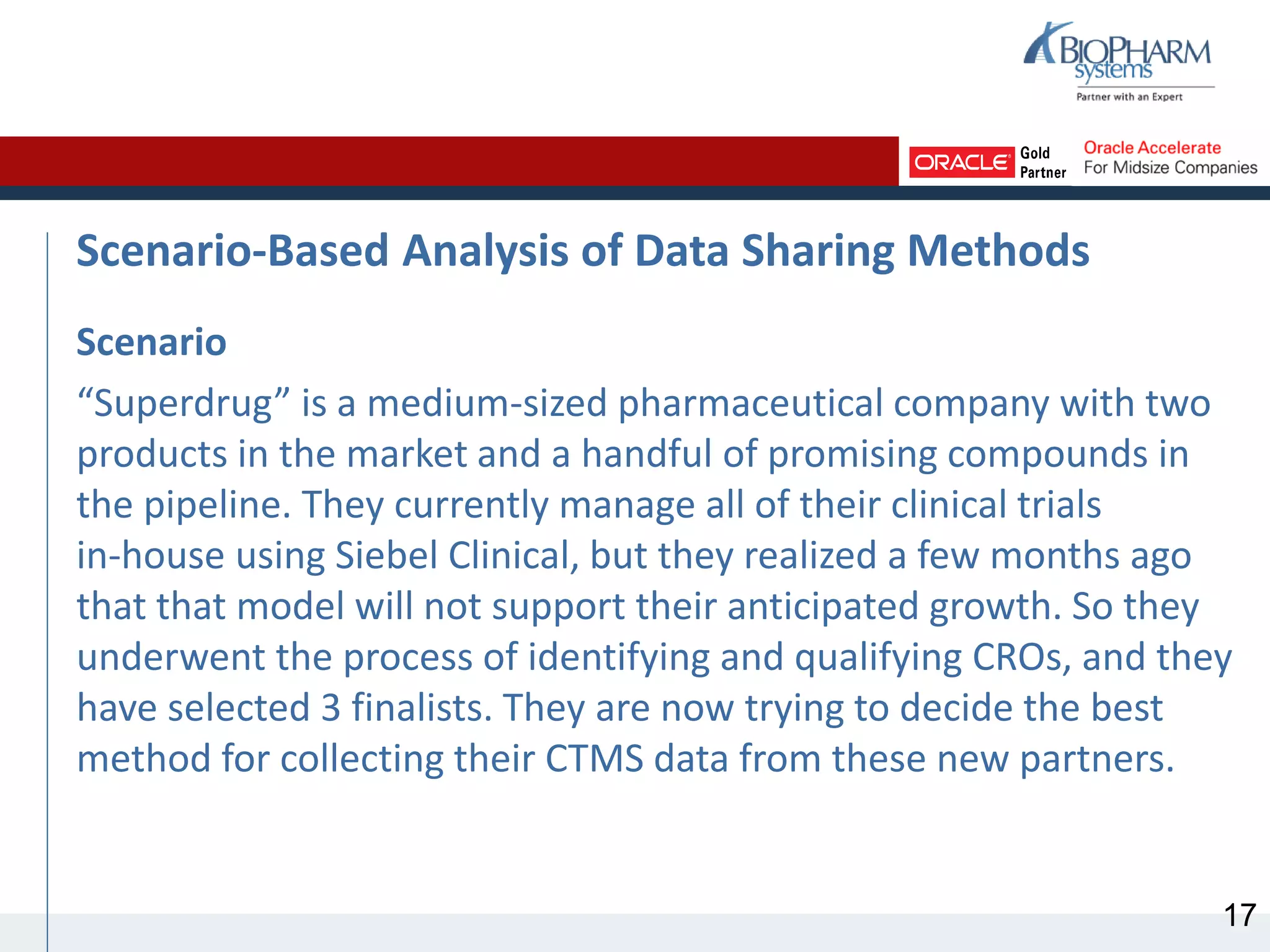 Scenario-Based Analysis of Data Sharing Methods
Scenario
“Superdrug” is a medium-sized pharmaceutical company with two
products in the market and a handful of promising compounds in
the pipeline. They currently manage all of their clinical trials
in-house using Siebel Clinical, but they realized a few months ago
that that model will not support their anticipated growth. So they
underwent the process of identifying and qualifying CROs, and they
have selected 3 finalists. They are now trying to decide the best
method for collecting their CTMS data from these new partners.
17
 