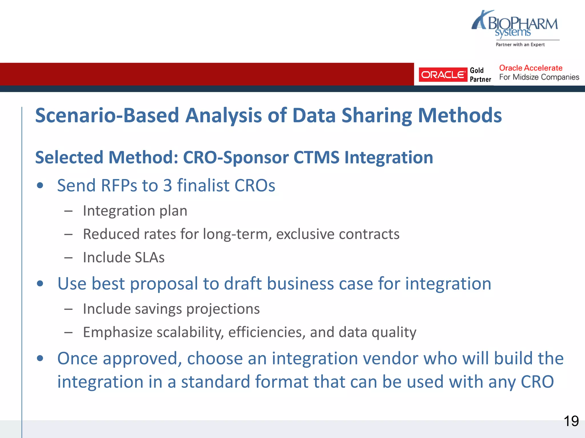 Scenario-Based Analysis of Data Sharing Methods
Selected Method: CRO-Sponsor CTMS Integration
• Send RFPs to 3 finalist CROs
– Integration plan
– Reduced rates for long-term, exclusive contracts
– Include SLAs
• Use best proposal to draft business case for integration
– Include savings projections
– Emphasize scalability, efficiencies, and data quality
• Once approved, choose an integration vendor who will build the
integration in a standard format that can be used with any CRO
19
 