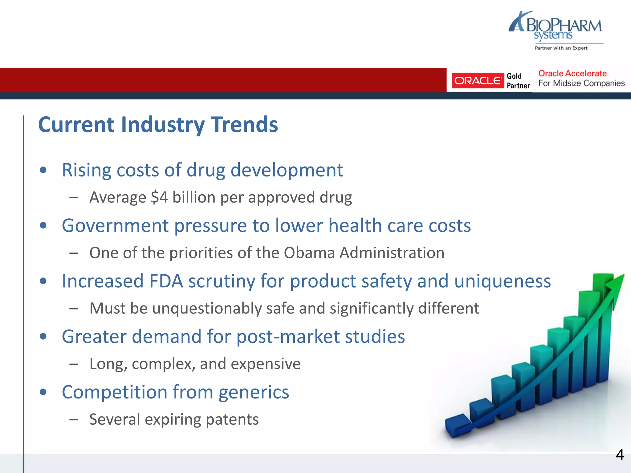 Current Industry Trends
• Rising costs of drug development
– Average $4 billion per approved drug
• Government pressure to lower health care costs
– One of the priorities of the Obama Administration
• Increased FDA scrutiny for product safety and uniqueness
– Must be unquestionably safe and significantly different
• Greater demand for post-market studies
– Long, complex, and expensive
• Competition from generics
– Several expiring patents
4
 