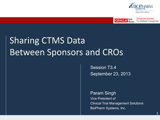 Sharing CTMS Data
Between Sponsors and CROs
Session T3.4
September 23, 2013
Param Singh
Vice President of
Clinical Trial Management Solutions
BioPharm Systems, Inc.
1
 