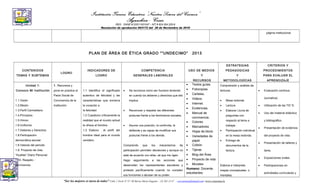 Institución Técnica Educativa “Nuestra Señora del Carmen”
Aguachica - Cesar
REG. DANE #120011001047 - NIT # 824.004.255-9
Resolución de aprobación 003172 del 26 de Noviembre de 2010
página institucional.
PLAN DE ÁREA DE ÉTICA GRADO “”UNDECIMO” 2013
CONTENIDOS
TEMAS Y SUBTEMAS
LOGRO
INDICADORES DE
LOGRO
COMPETENCIA
GENERALES LABORALES
USO DE MEDIOS
Y
RECURSOS
ESTRATEGIAS
PEDAGOGICAS
Y
METODOLOGÌCAS
CRITERIOS Y
PROCEDIMIENTOS
PARA EVALUAR EL
APRENDIZAJE
Unidad 1:
Conozco Mi Institución
1.1.Visión
1.2.Misión
1.3.Perfil Carmelitano
1.4.Principios
1.5.Himno
1.6.Uniforme
1.7.Deberes y Derechos
1.8.Participación
democrática escolar
1.8.Valores del periodo
1.9. Proyecto de vida;
“Huellas” Diario Personal.
1.10. Respeto -
convivencia.
1. Reconoce y
pone en practica el
Pacto Social de
Convivencia de la
Institución
1.1 Identifico el significado
autentico de felicidad y las
características que encierra
la vocación a
la felicidad.
1.2 Cuestiono críticamente la
realidad que el mundo actual
le ofrece al hombre
1.3 Elaboro el perfil del
hombre ideal para el mundo
venidero.
• Se reconoce como ser humano teniendo
en cuenta los deberes y derechos que ello
implica
• Reconocer y respetar las diferentes
posturas frente a los fenómenos sociales.
• Asume una posición, la confronta, la
defiende y es capaz de modificar sus
posturas frente a los demás.
Comprendo que los mecanismos de
participación permiten decisiones y aunque no
esté de acuerdo con ellas, sé que me rigen.
Hago seguimiento a las acciones que
desarrollan los representantes escolares y
protesto pacíficamente cuando no cumplen
sus funciones o abusan de su poder.
• Textos guías.
• Fotocopias.
• Carteles.
• Videos.
• Internet.
• Evidencias.
• Manual de
convivencia.
• Colores
• Marcadores
• Hojas de block
• Variedades de
papel
• Colbón
• Tijeras
• Blog del Área
• Proyecto de vida
• Murales
Humano: Docente,
estudiantes.
Comprensión y análisis de
lecturas.
• Mesa redonda
• Lectura
• Elaborar Lluvia de
preguntas con
respecto al tema a
trabajar.
• Participación individual
en la mesa redonda.
• Entrega de
documentos de la
lectura
Elabora e interpreta
mapas conceptuales o
mentales.
• Evaluación continua
(sumativa).
• Utilización de las TIC¨S.
• Uso del material didáctico
y bibliográfico.
• Presentación de evidencia
del proyecto de vida.
• Presentación de talleres y
tares.
• Exposiciones orales.
• Participaciones en
actividades curriculares y
“Ser los mejores es tarea de todos” Calle 1 Norte Nº 37- 69 Barrio María Eugenia - (5) 565 13 47 - col.carmen@hotmail.com -www.colcarmen.tk
 