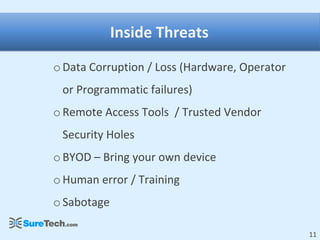 Inside Threats
o Data Corruption / Loss (Hardware, Operator
 or Programmatic failures)
o Remote Access Tools / Trusted Vendor
 Security Holes
o BYOD – Bring your own device
o Human error / Training
o Sabotage

                                               11
 