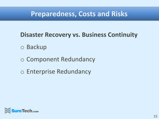 Preparedness, Costs and Risks

Disaster Recovery vs. Business Continuity
o Backup
o Component Redundancy
o Enterprise Redundancy




                                            15
 