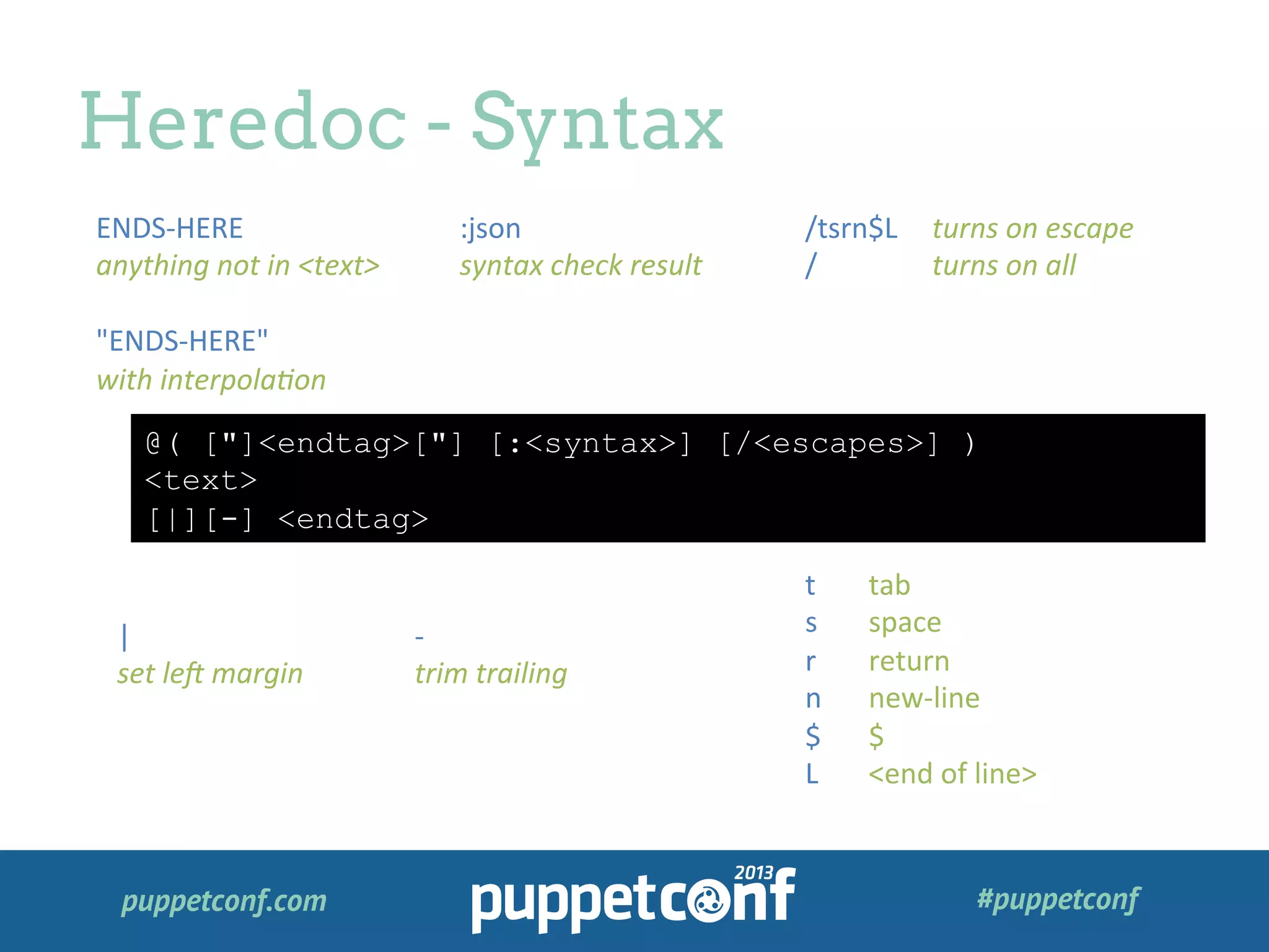 puppetconf.com #puppetconf
Heredoc - Syntax
@( ["]<endtag>["] [:<syntax>] [/<escapes>] )
<text>
[|][-] <endtag>
ENDS-­‐HERE	
  
anything	
  not	
  in	
  <text>	
  
	
  
"ENDS-­‐HERE"	
  
with	
  interpola2on	
  
:json	
  
syntax	
  check	
  result	
  
/tsrn$L	
   	
  turns	
  on	
  escape	
  
/	
   	
   	
  turns	
  on	
  all	
  
|	
  
set	
  le7	
  margin	
  
-­‐	
  
trim	
  trailing	
  
t 	
  tab	
  
s 	
  space	
  
r 	
  return	
  
n 	
  new-­‐line	
  
$ 	
  $	
  
L 	
  <end	
  of	
  line>	
  
 