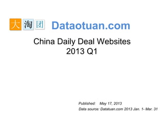 Dataotuan.com
China Daily Deal Websites
2013 Q1
Data source: Datatuan.com 2013 Jan. 1- Mar. 31
Published: May 17, 2013
 