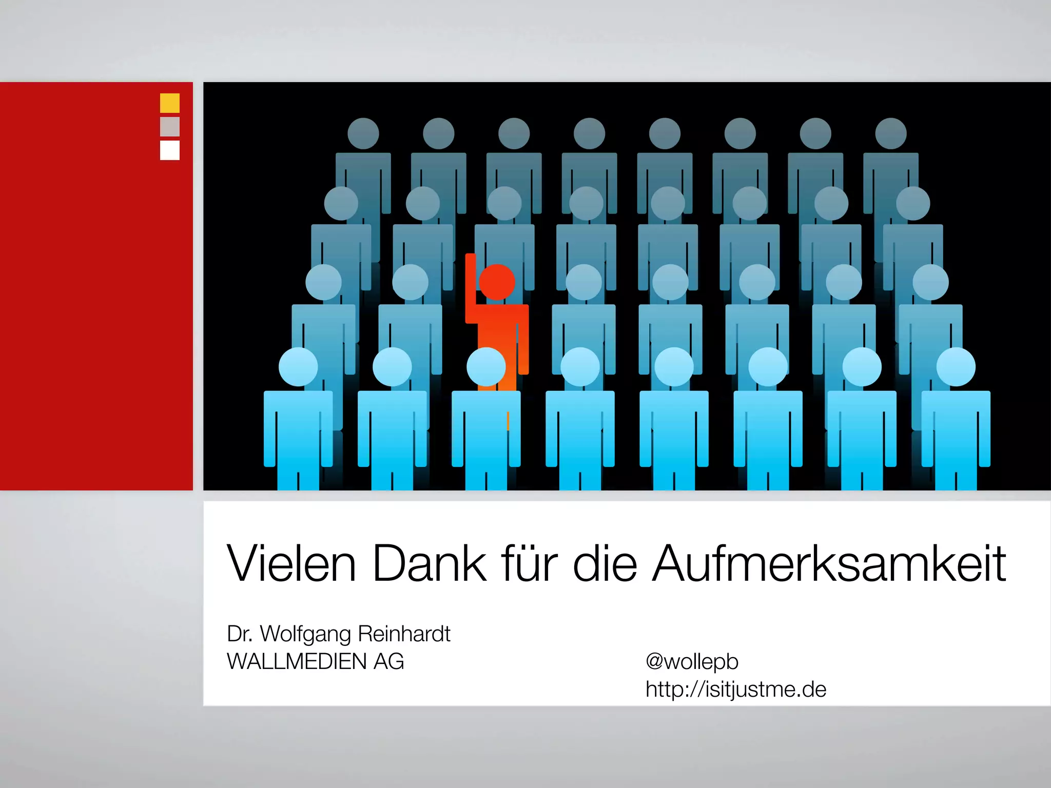 Vielen Dank für die Aufmerksamkeit
Dr. Wolfgang Reinhardt
WALLMEDIEN AG @wollepb
http://isitjustme.de
 