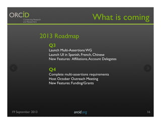 Q3
Launch Multi-Assertions WG
Launch UI in Spanish, French, Chinese
New Features: Affiliations,Account Delegates
Q4
Complete multi-assertions requirements
Host October Outreach Meeting
New Features: Funding/Grants
What is coming
2013 Roadmap
19 September 2013 orcid.org	

 16
 