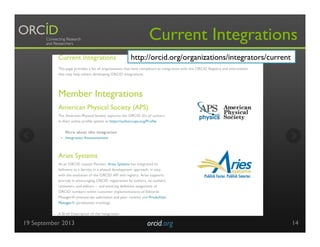 19 September 2013 orcid.org	

 14
Current Integrations
http://orcid.org/organizations/integrators/current
 