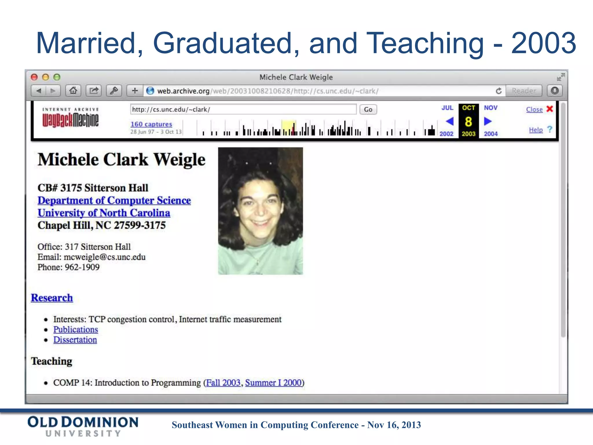 Married, Graduated, and Teaching - 2003

Southeast Women in Computing Conference - Nov 16, 2013

 